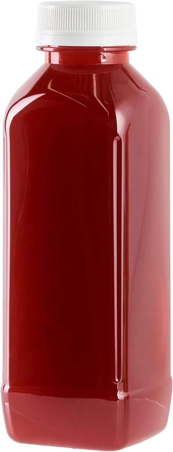 Restaurantware 16 Ounce Square Plastic Juice Bottles - 100 with Tamper Evident Cap