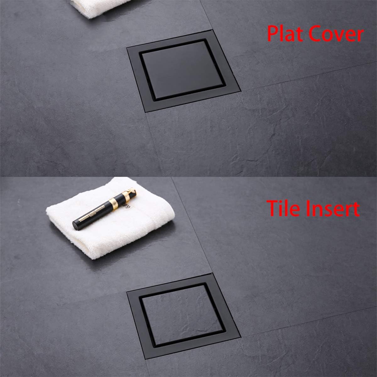 Random Black Square Drain with Tile Insert 6 Inch Cover