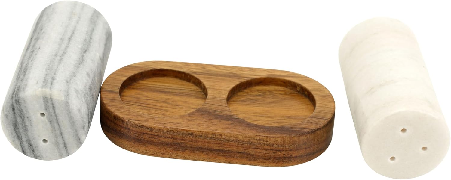 Spiretro Elegant Marble Salt Pepper Set with Acacia Holder