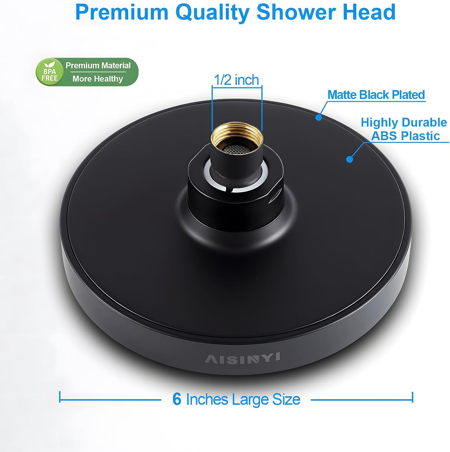 AISINYI 6 Inch Matte Black Rainfall Shower Head