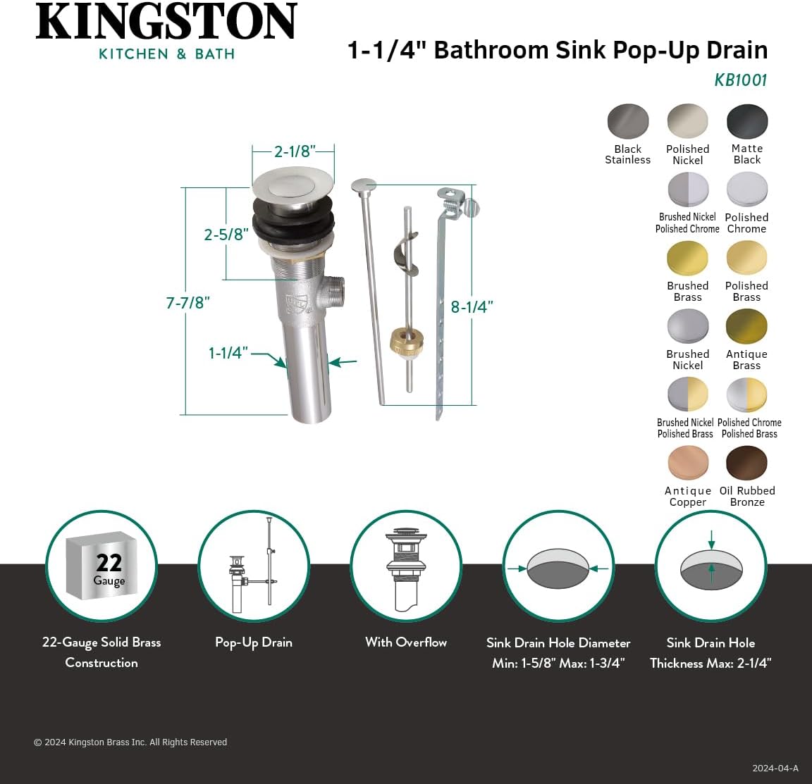 Elements of Design EB1002 Pop-Up Drain Assembly 2-18 Diameter Polished Brass