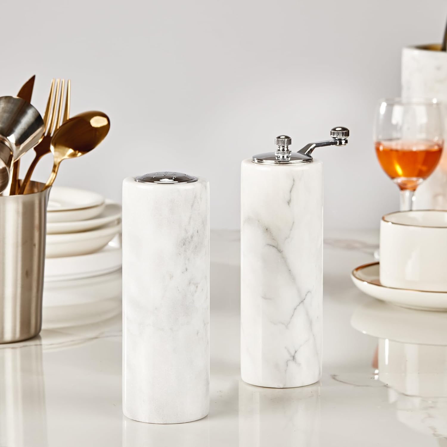 Natural Polished Marble Salt Shaker and Pepper Mill Set