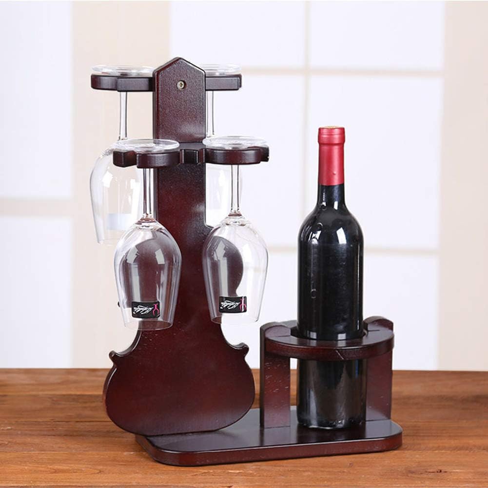 Creative Violin Wine Rack Wood Design 1 Bottle 4 Cups Holder