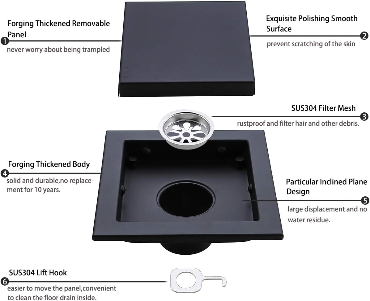 Random Black Square Drain with Tile Insert 6 Inch Cover