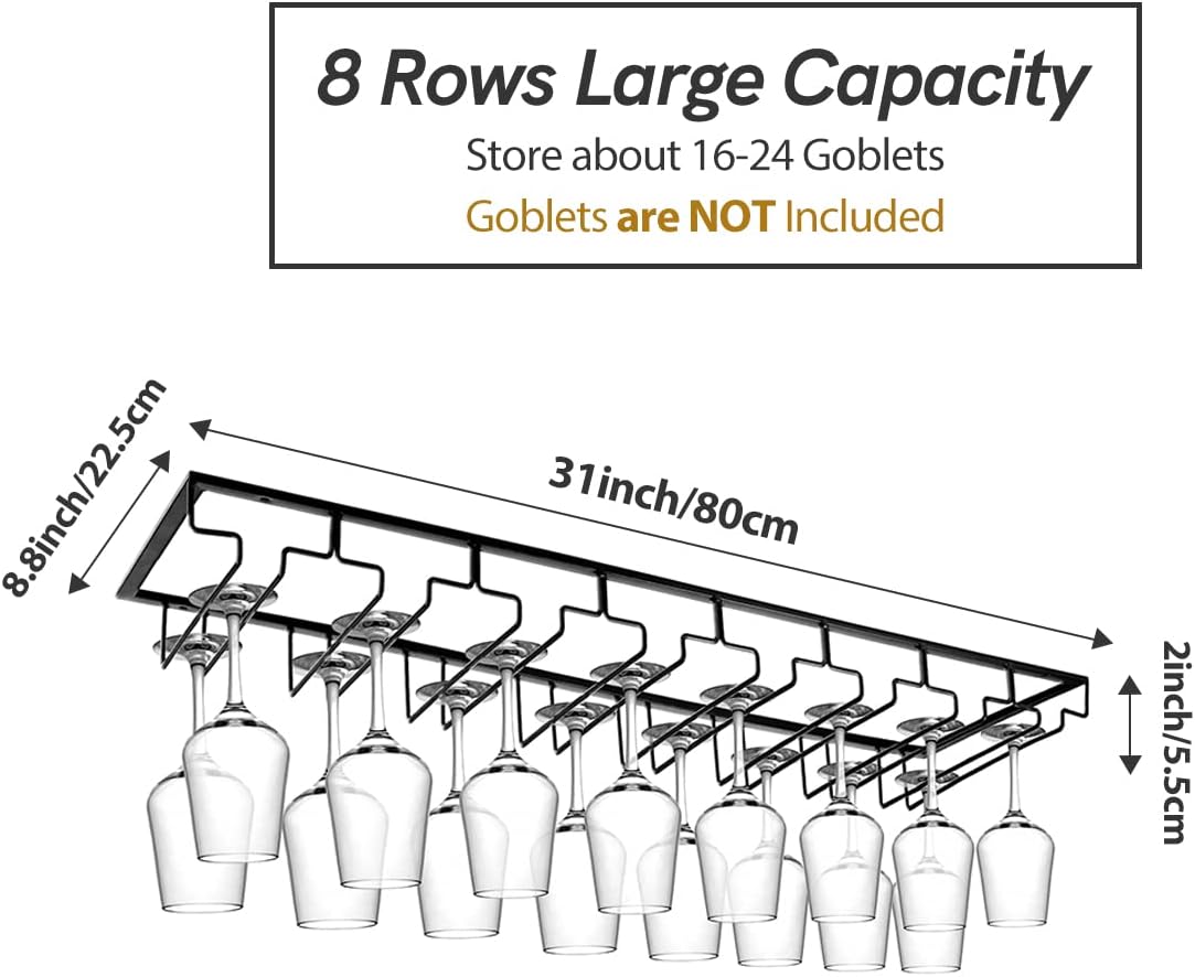 Xverycan Wine Glass Rack Under Cabinet 8 Row Metal Stemware Holder