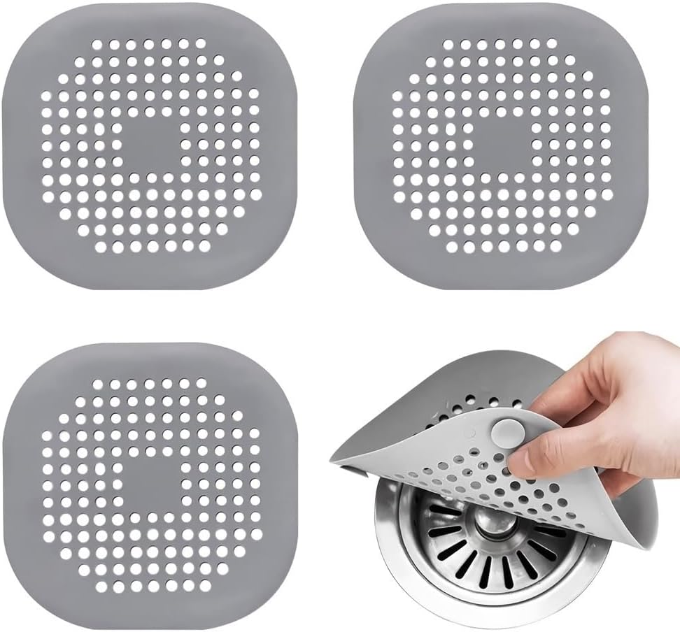 Square Drain Strainer Covers 4-Pack with Suction Cup Grey