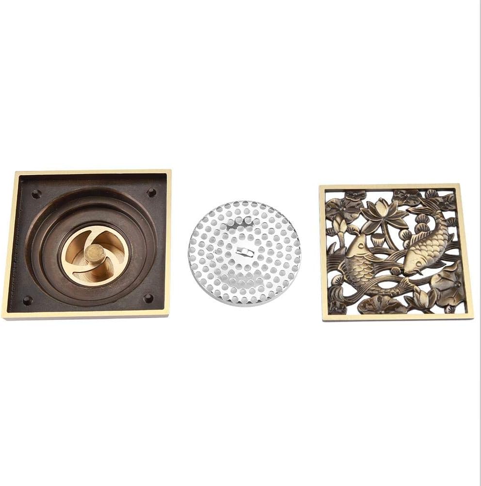 AUNMAS 4 Inch Antique Brass Shower Floor Drain with Fish Lotus Pattern