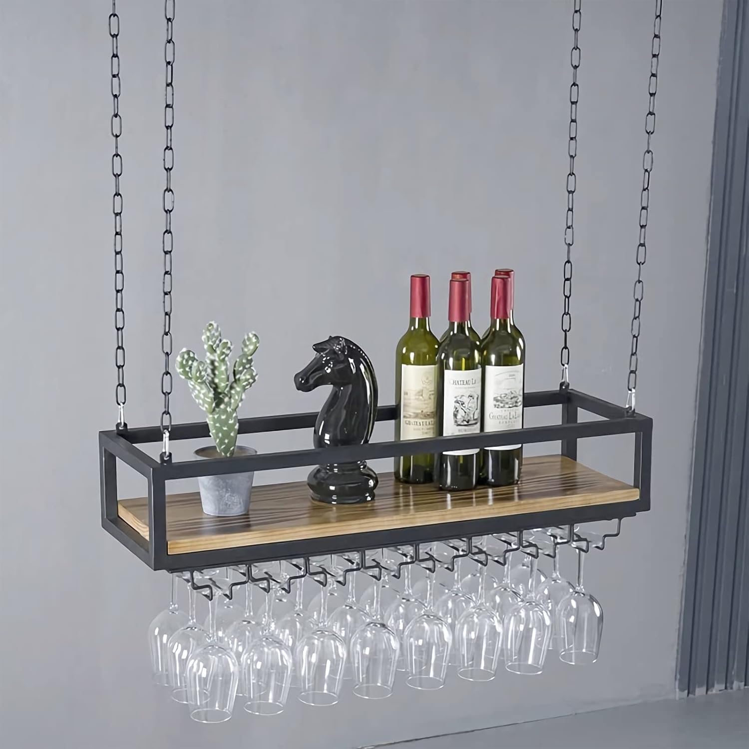 Ceiling Hanging Wine Rack with Wood Shelf and Metal Frame