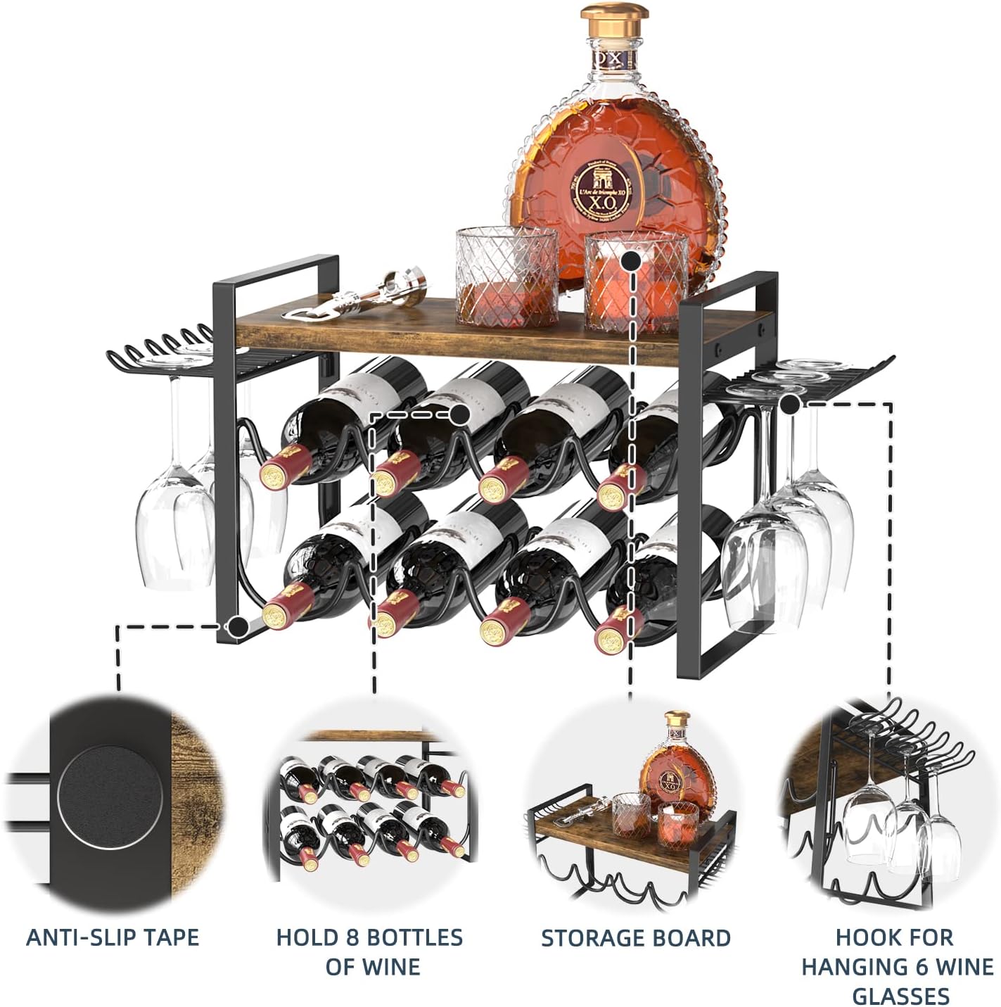 JAFUSI 8-Bottle Wine Rack with Wood Tray and Glasses Hooks