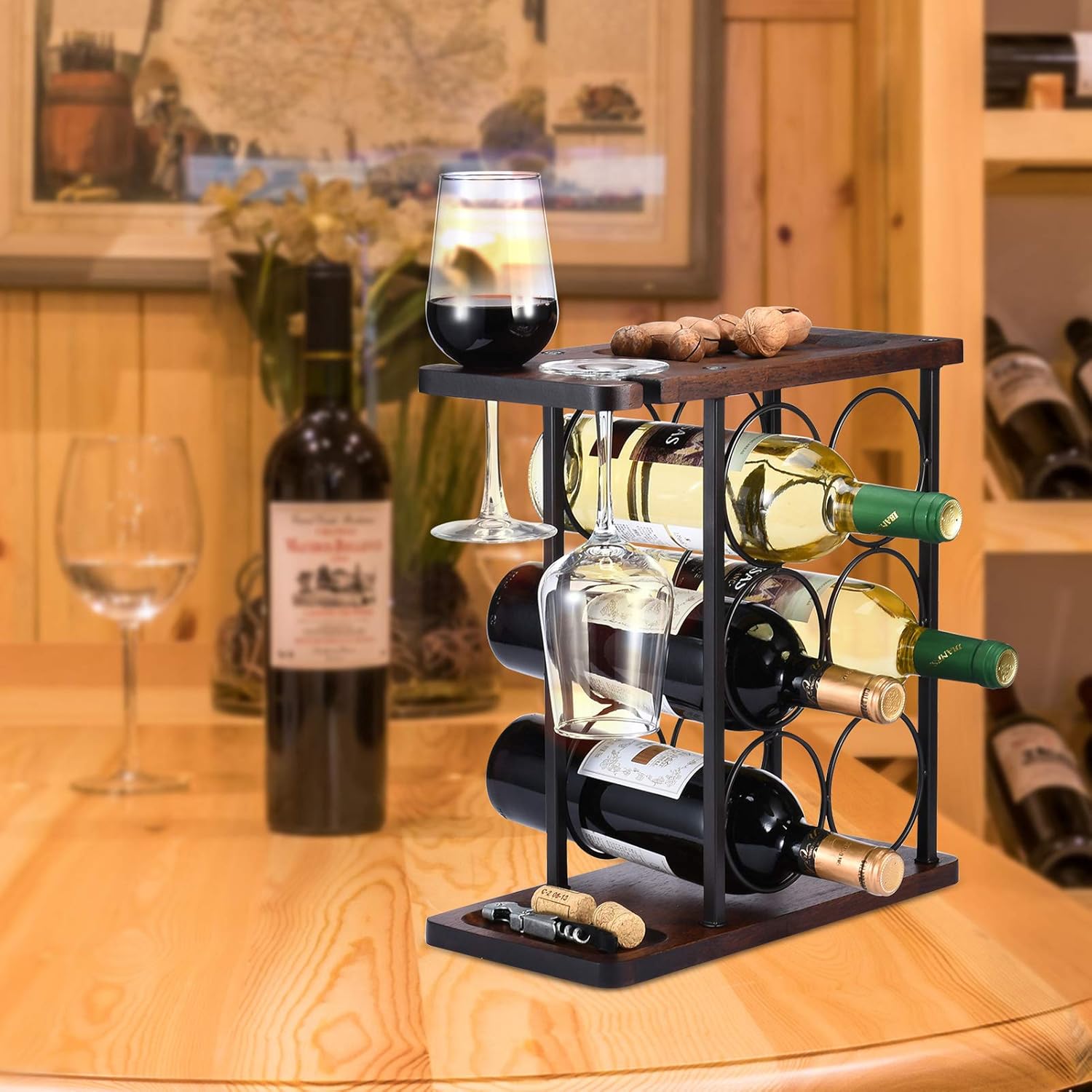 ALLCENER 6-Bottle Wine Rack with 2 Glass Holder