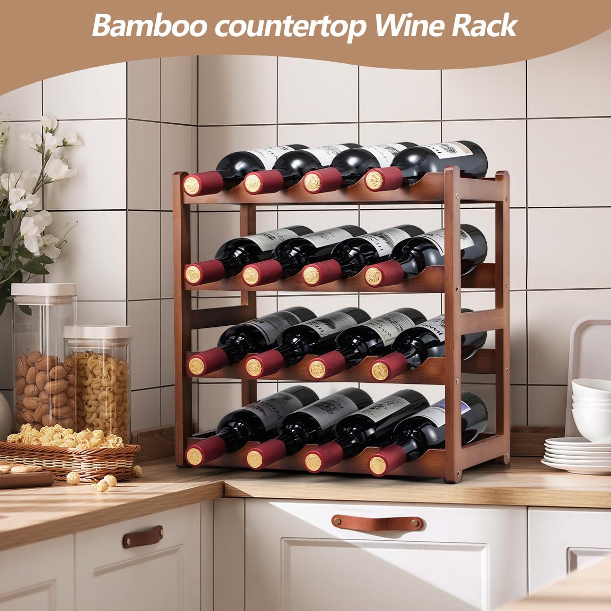 Homevany 4 Tier Bamboo Wine Rack 16 Bottle Holder