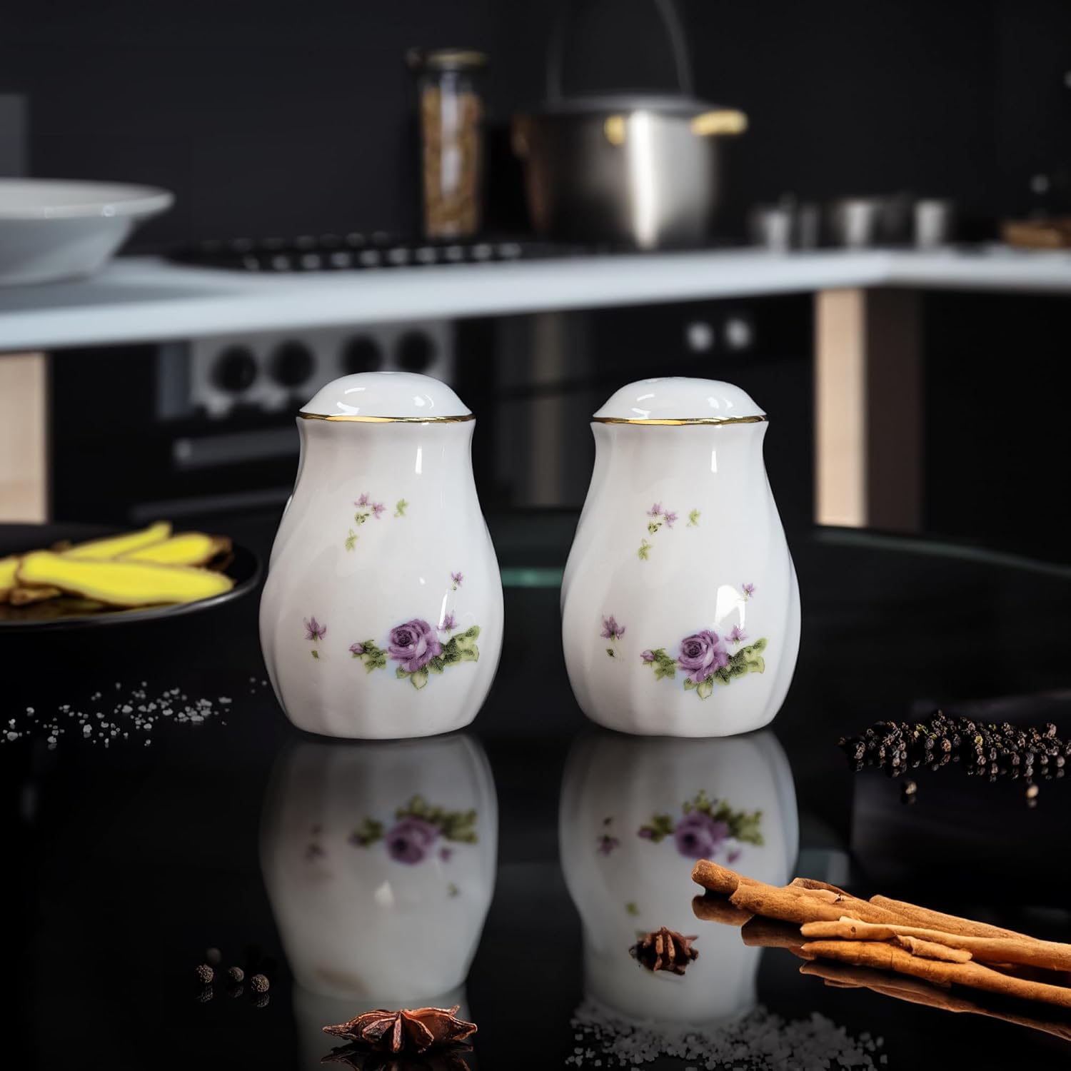 Lynns Paradise Lucinda Purple Gold Salt Pepper Shakers