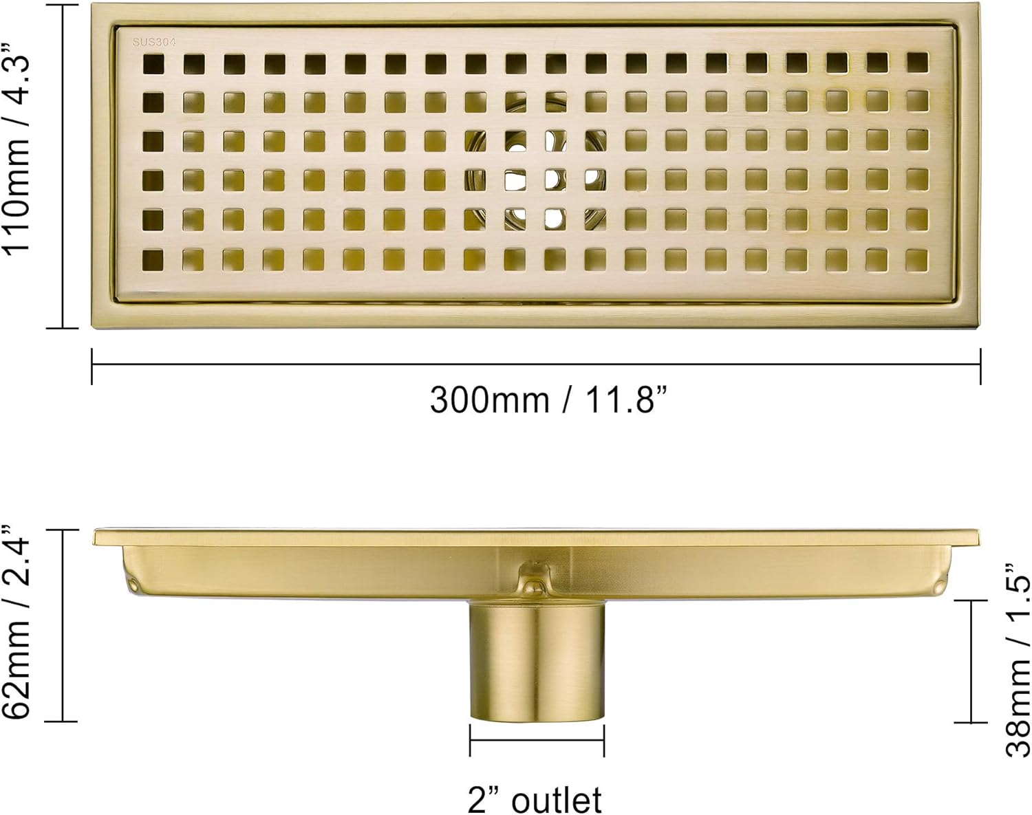 Linear Shower Floor Drain Brushed Gold 12-inch