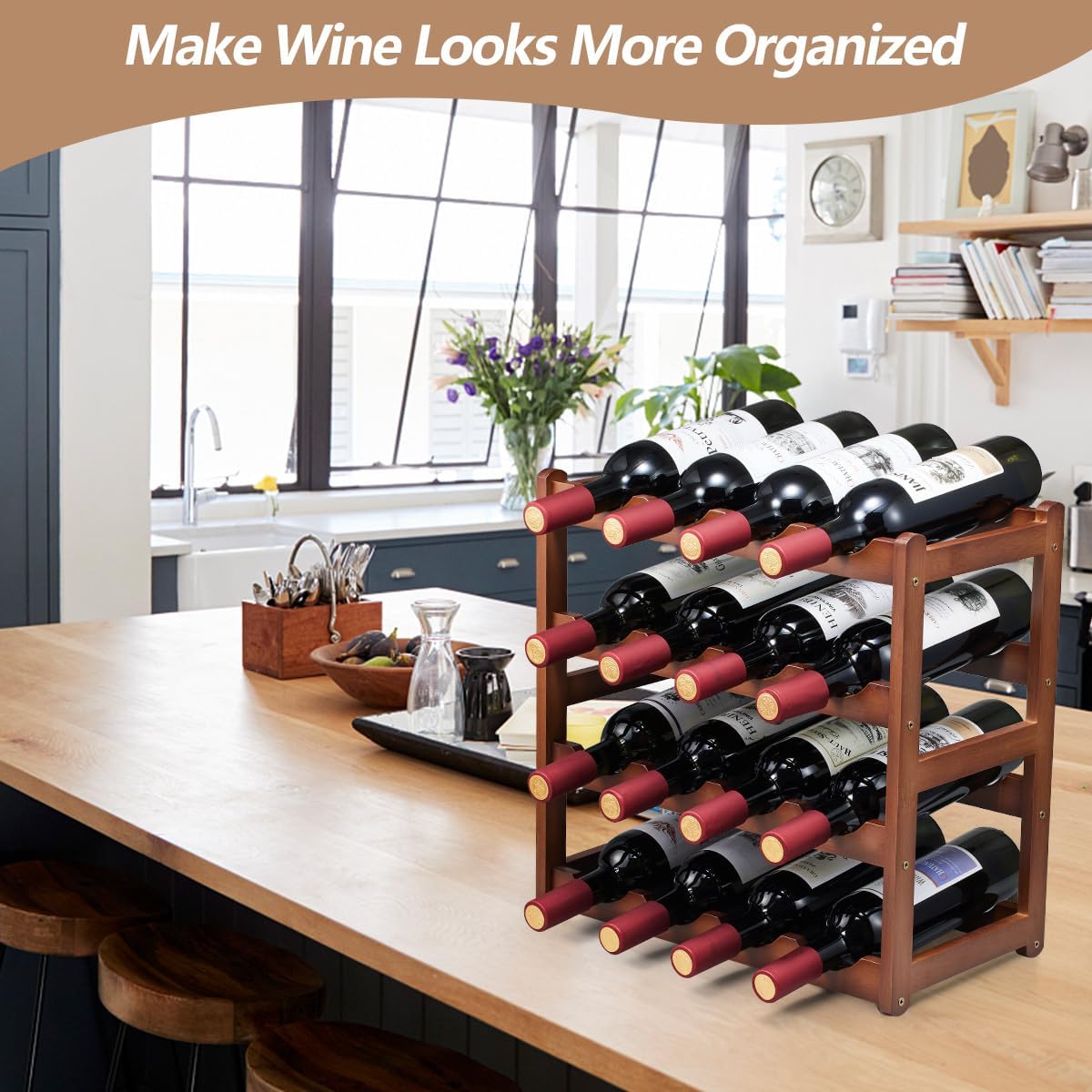 Homevany 4 Tier Bamboo Wine Rack 16 Bottle Holder