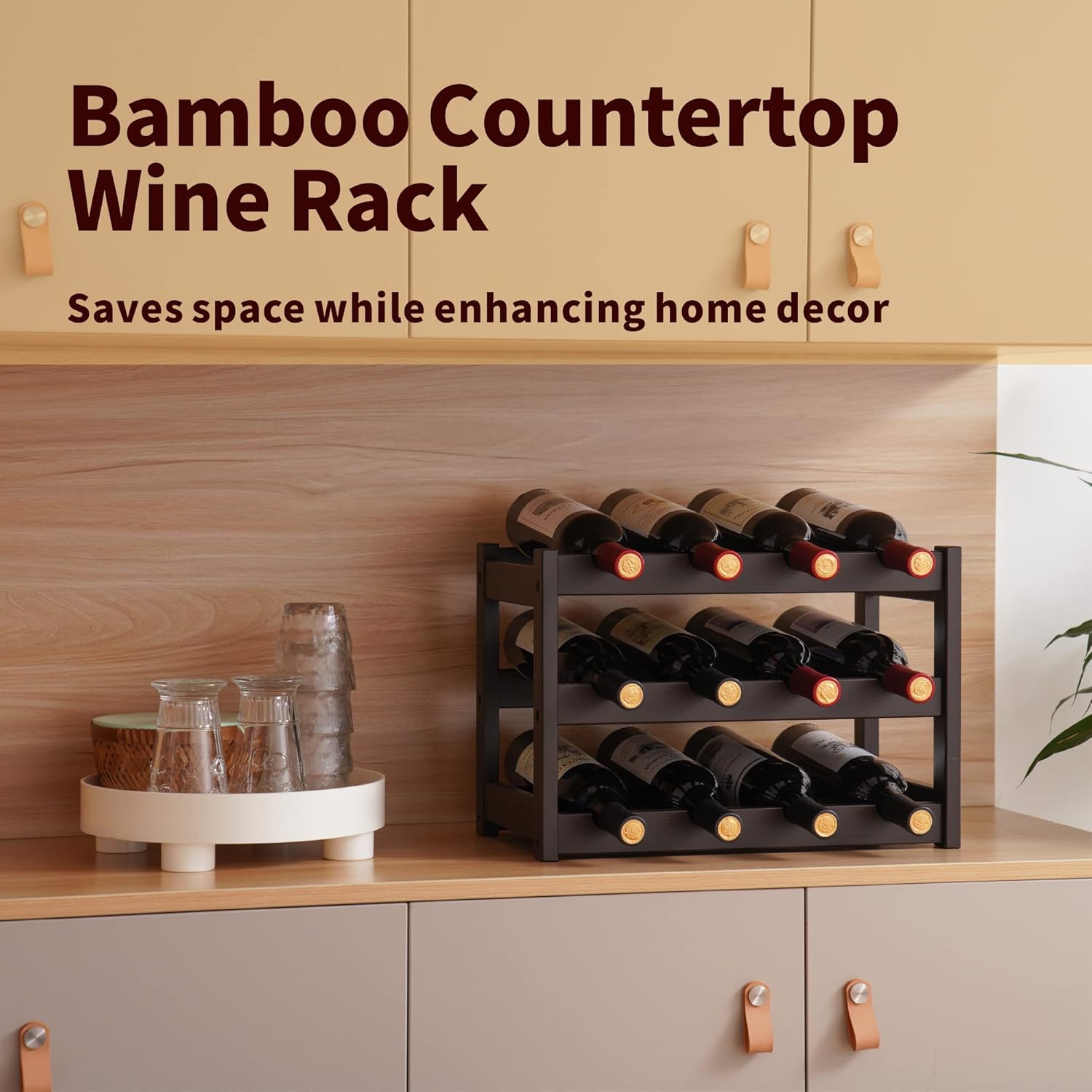 VASMIA Bamboo Wine Rack 3-Tier 12 Bottles Storage Cabinet Shelf