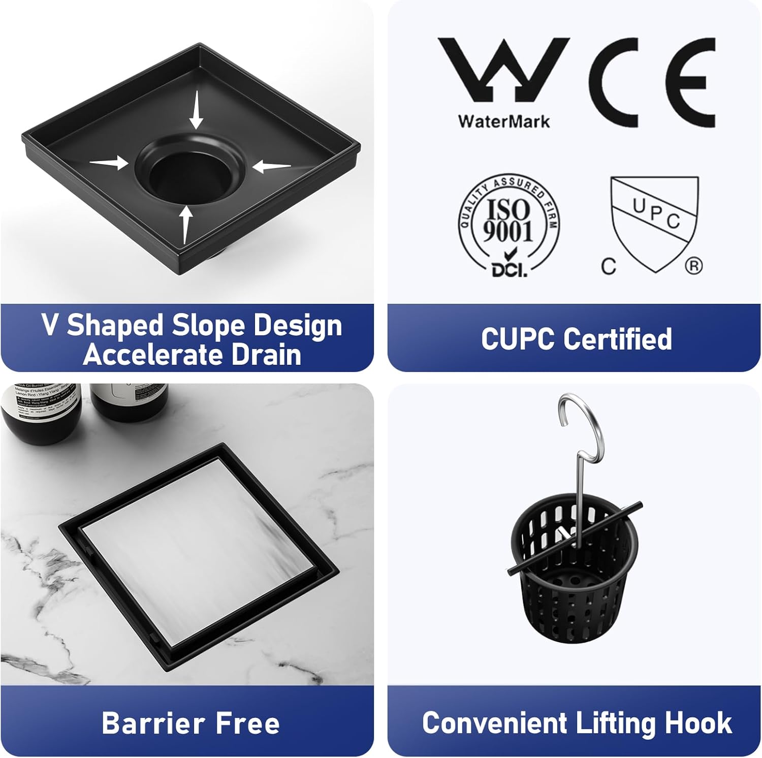 Bernkot Square Shower Drain 6 with 2 PVC Flange Base