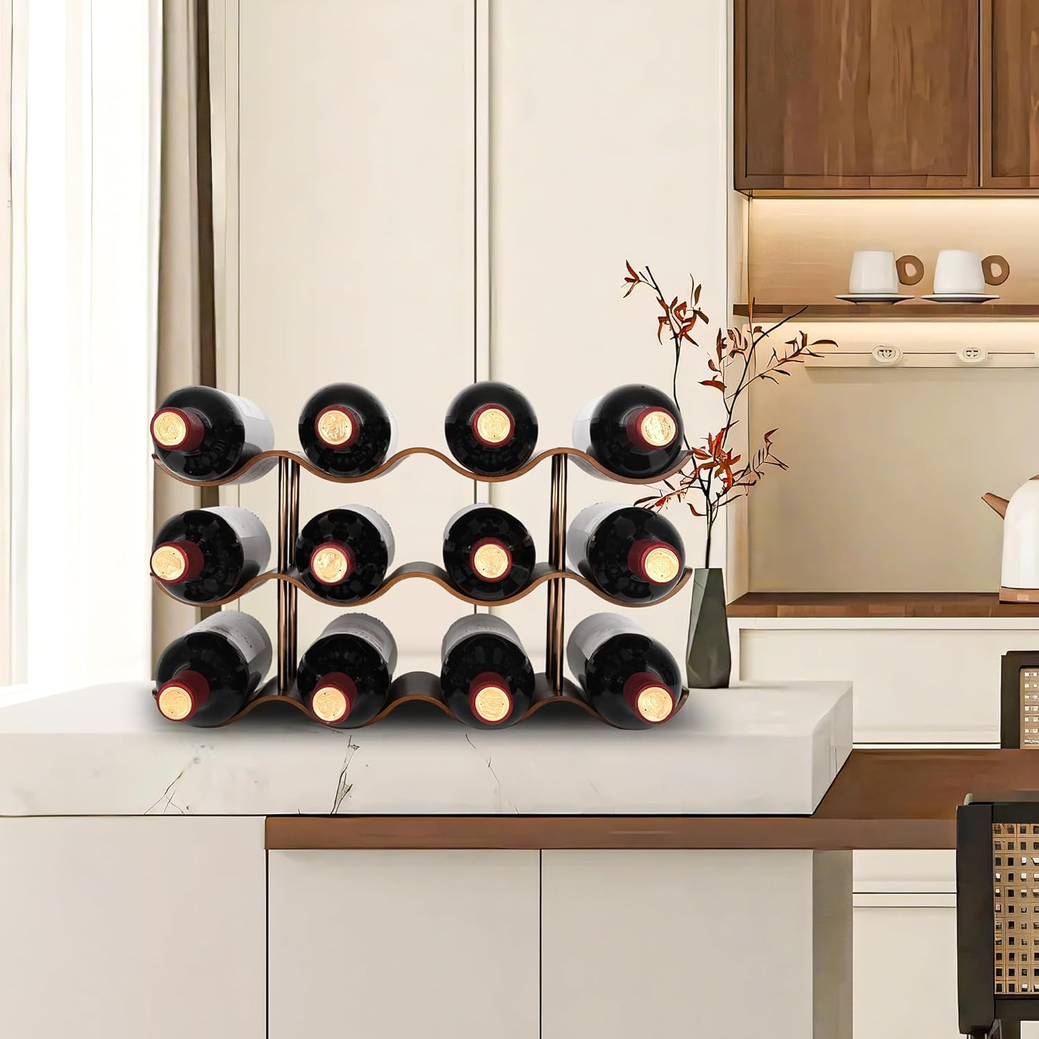TRUDING 12-Bottle Tabletop Wine Rack - 3 Tier Walnut Wavy Storage Stand