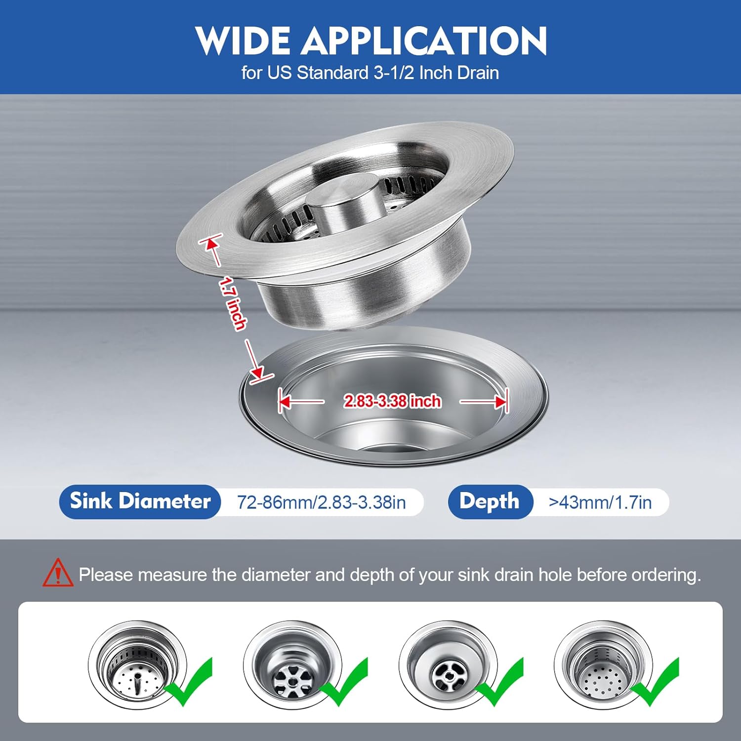 Upgraded 3 in 1 Kitchen Sink Drain Strainer - Stainless Steel