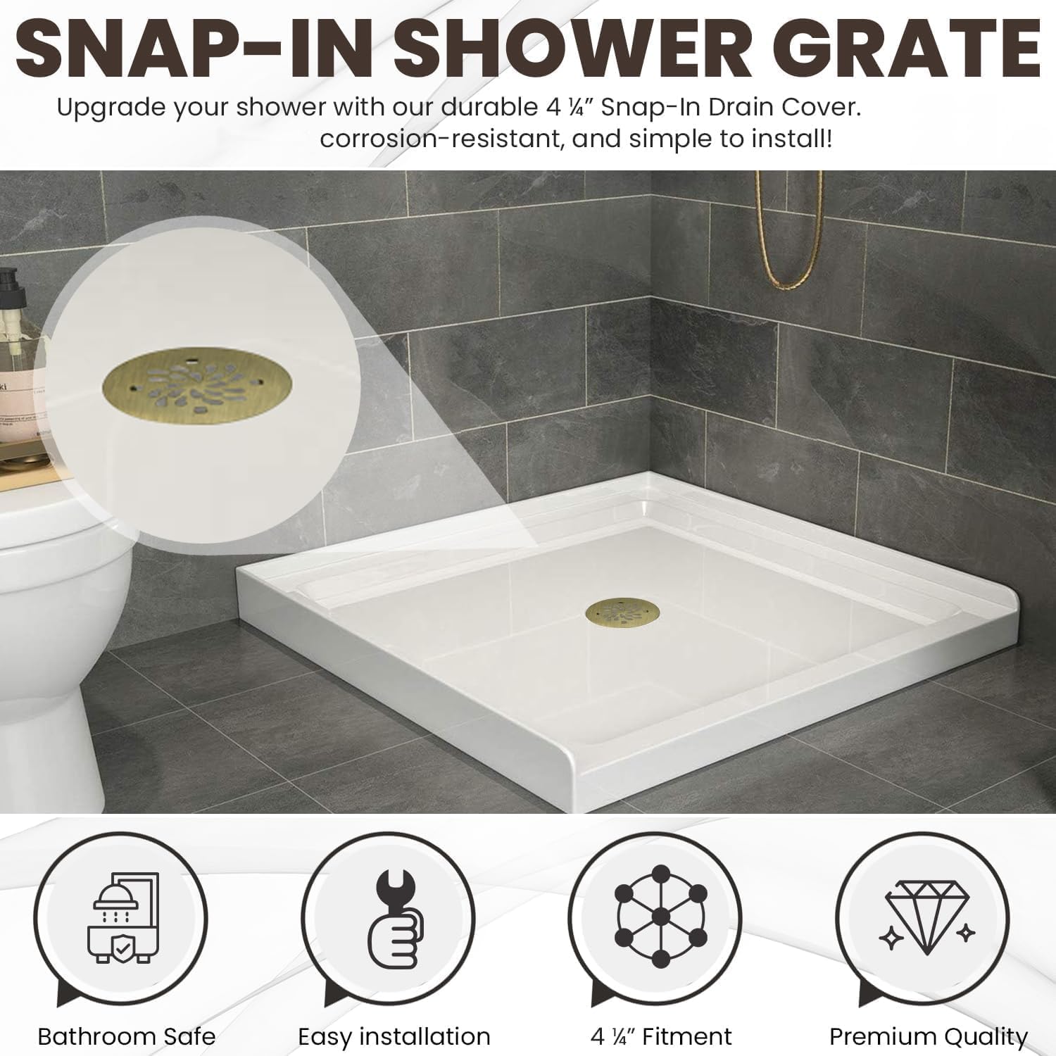 4-14 Round Shower Drain Cover - 304 Stainless Steel - Antique Brass