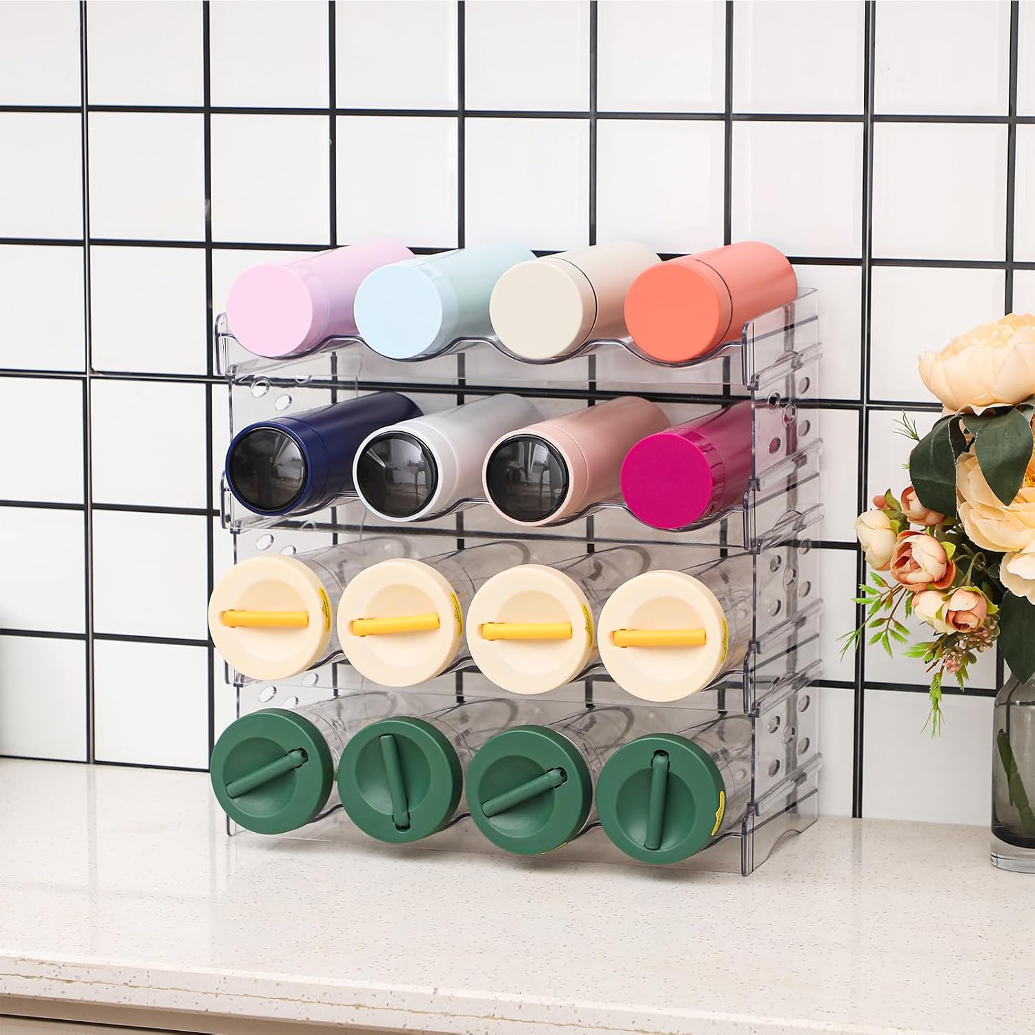 Clear Water Bottle Organizer with 4 Tiers Stackable Design