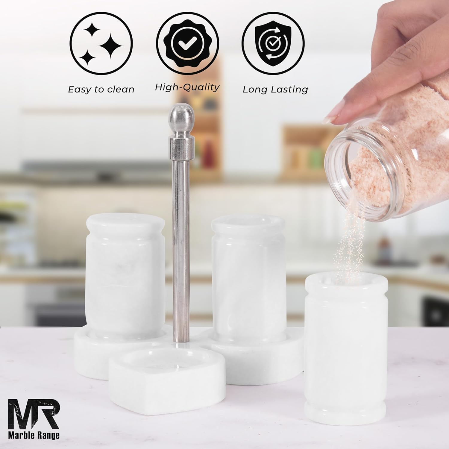 Marble Salt and Pepper Shakers Set with Holder