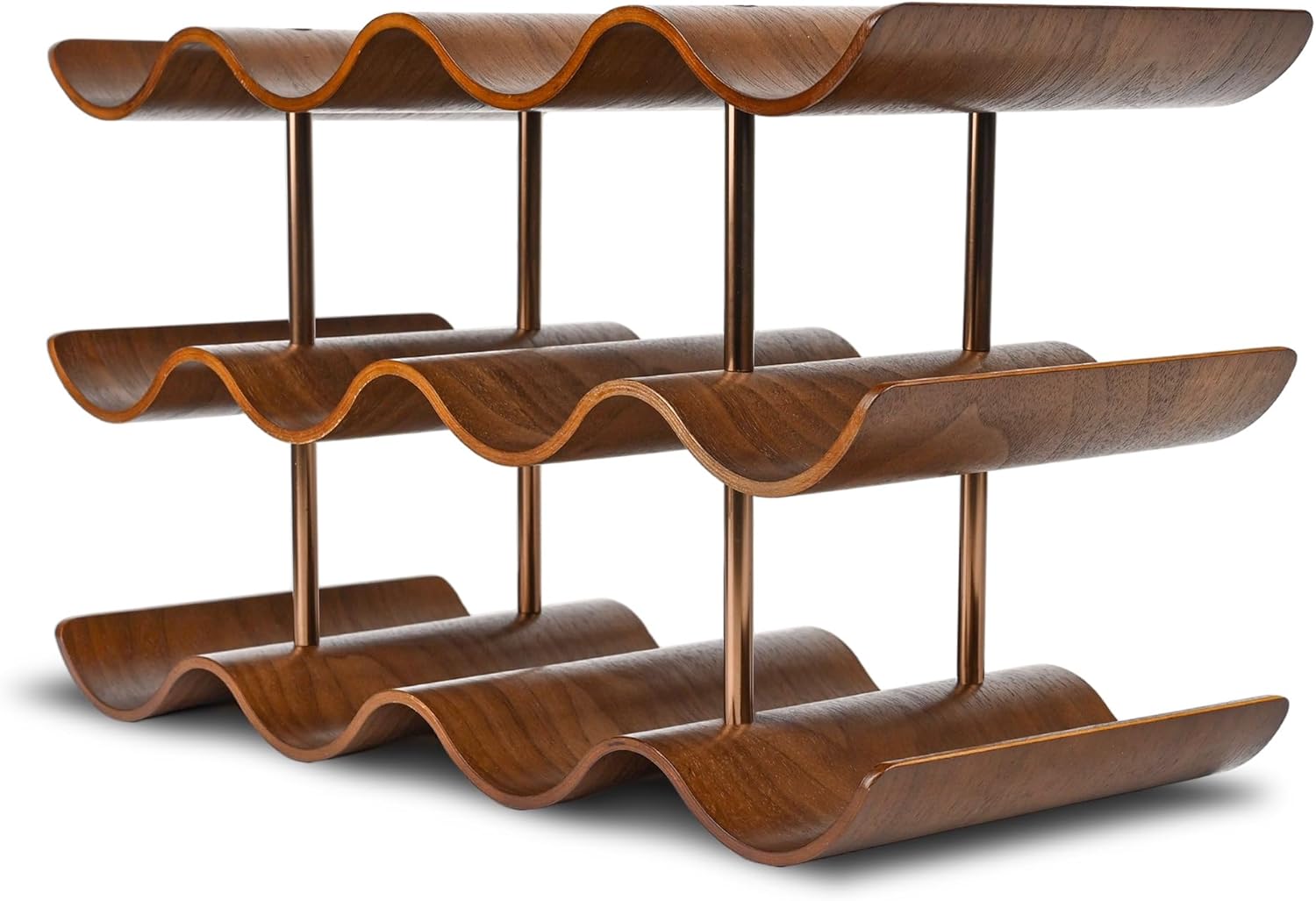 TRUDING 12-Bottle Tabletop Wine Rack - 3 Tier Walnut Wavy Storage Stand