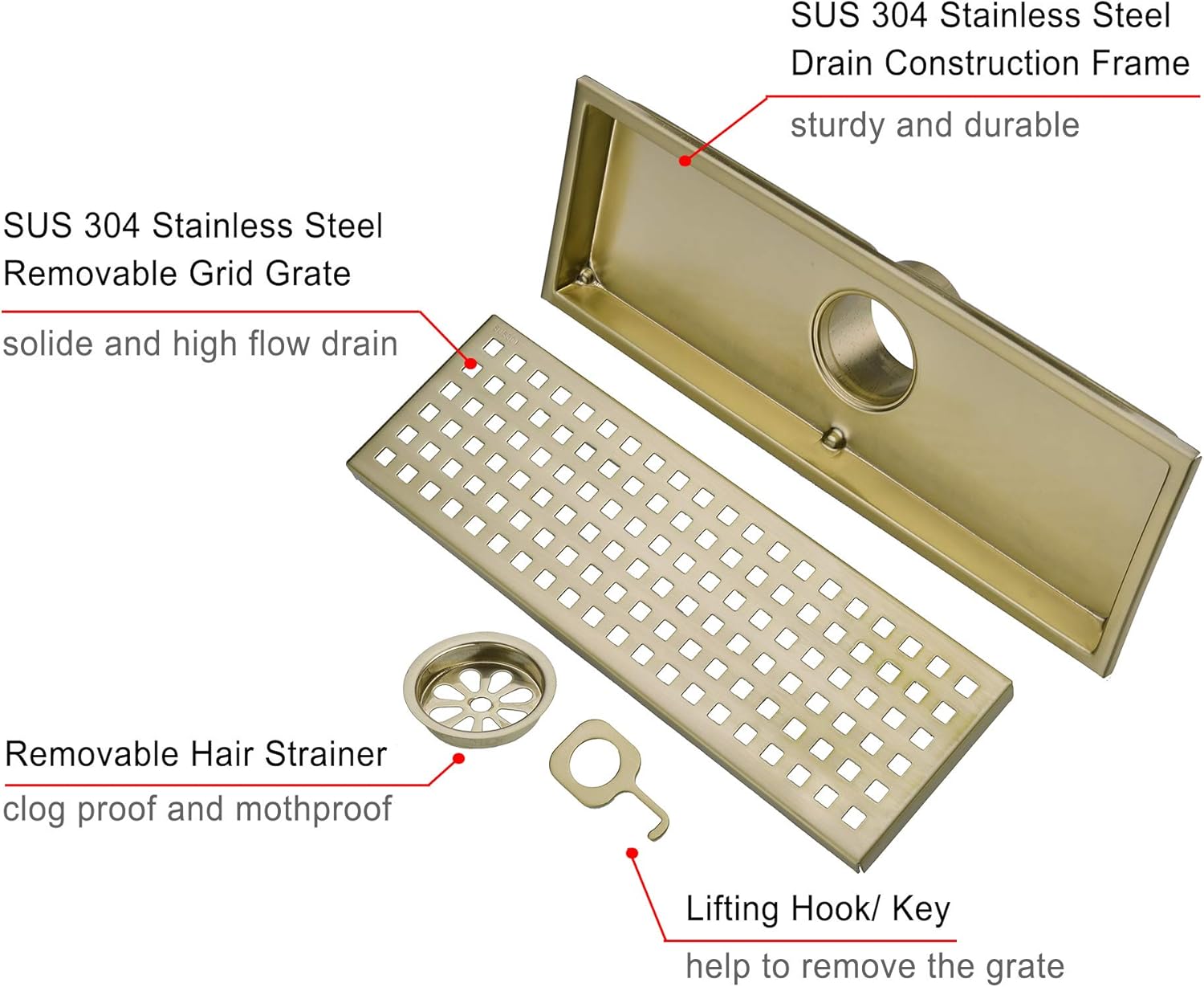 Linear Shower Floor Drain Brushed Gold 12-inch