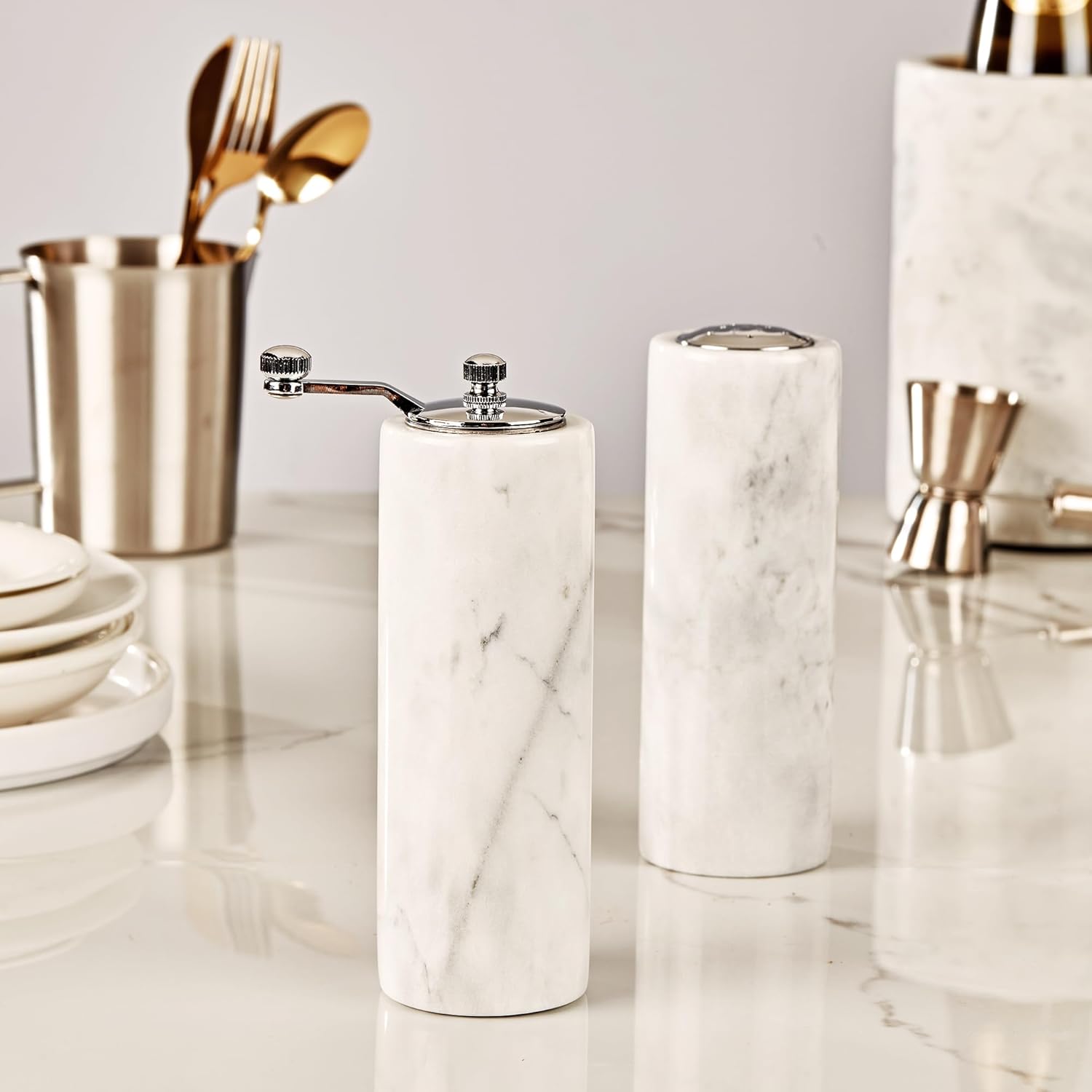 Natural Polished Marble Salt Shaker and Pepper Mill Set