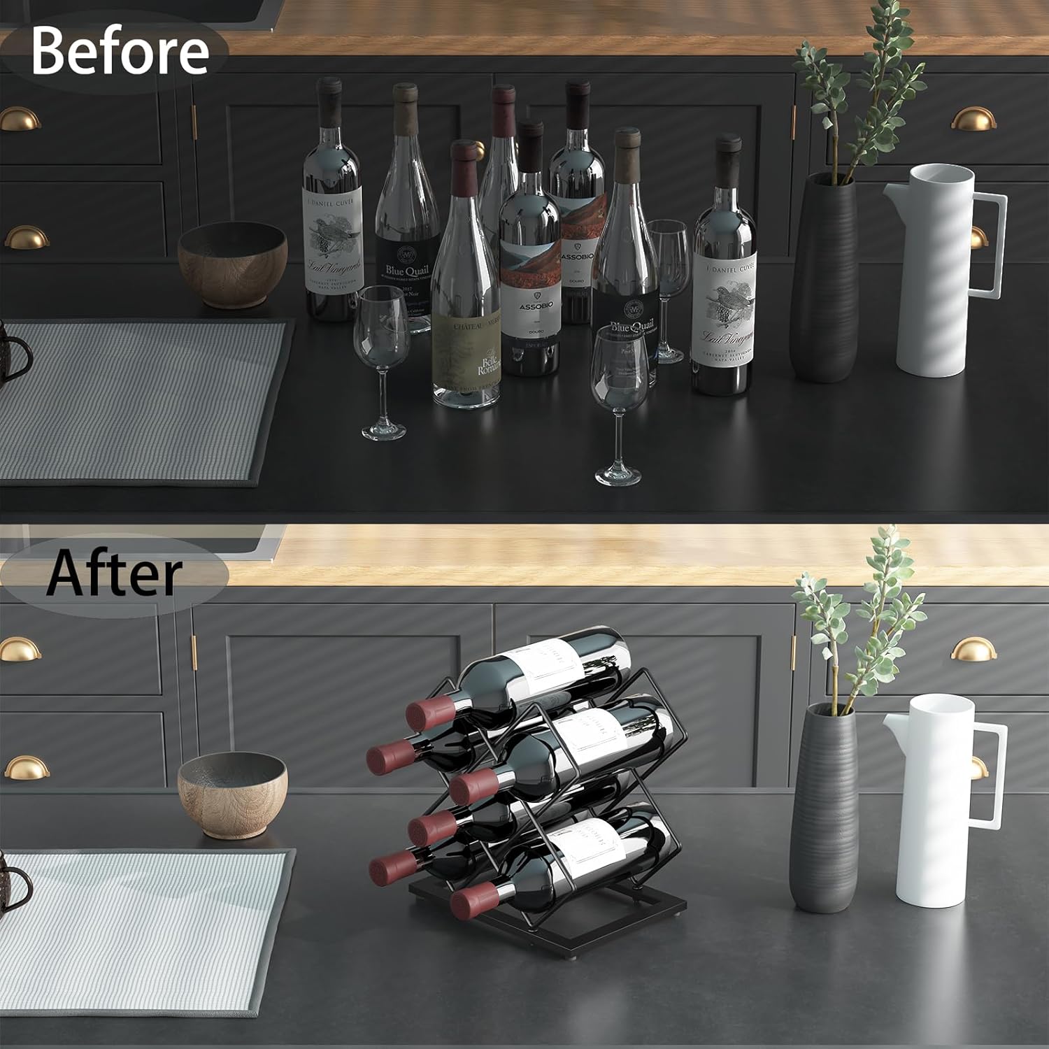 KOKSTOP 6-Bottle Countertop Wine Rack Modern Black Corner Holder