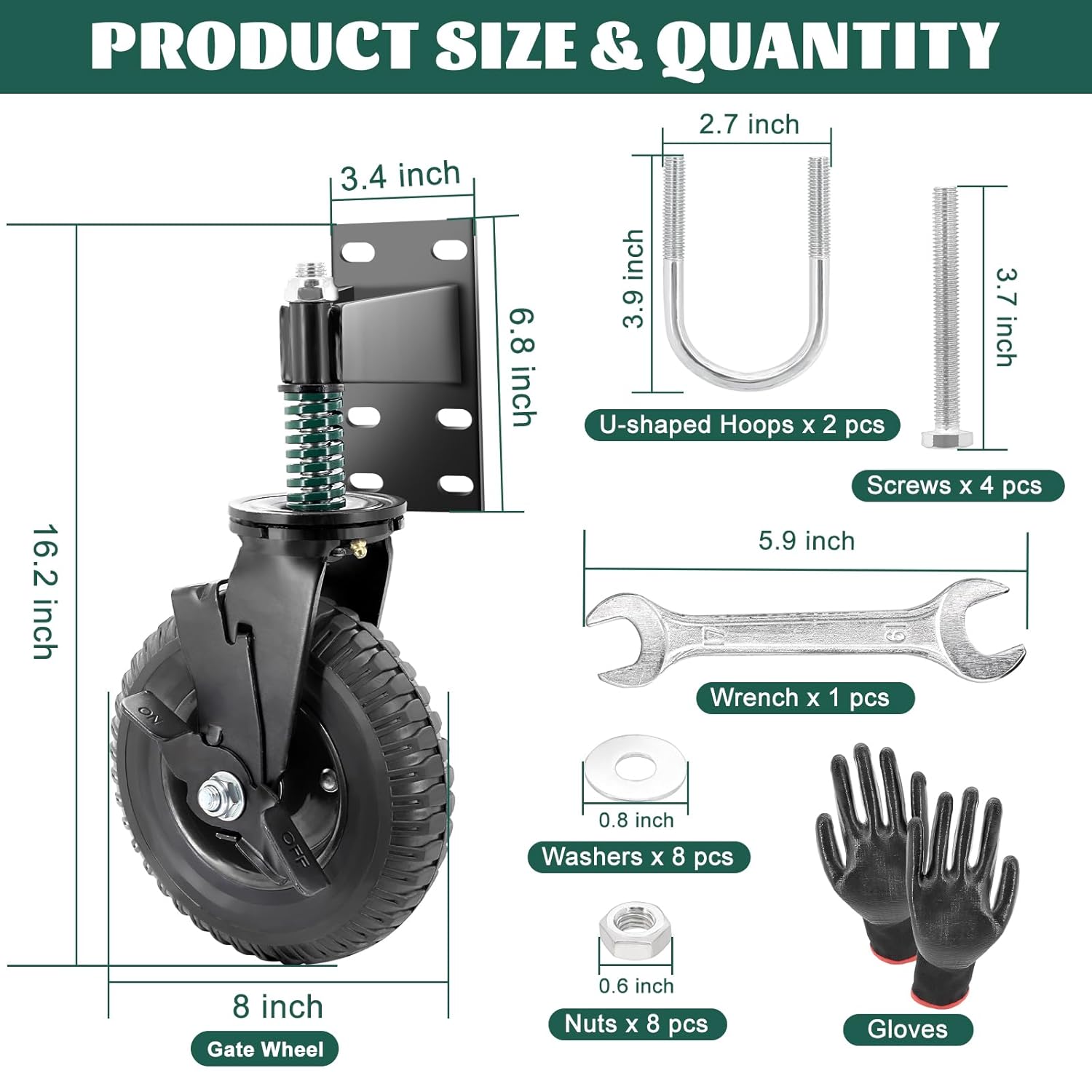 8 Inch Heavy Duty Gate Wheels with Brake and 360 Rotation