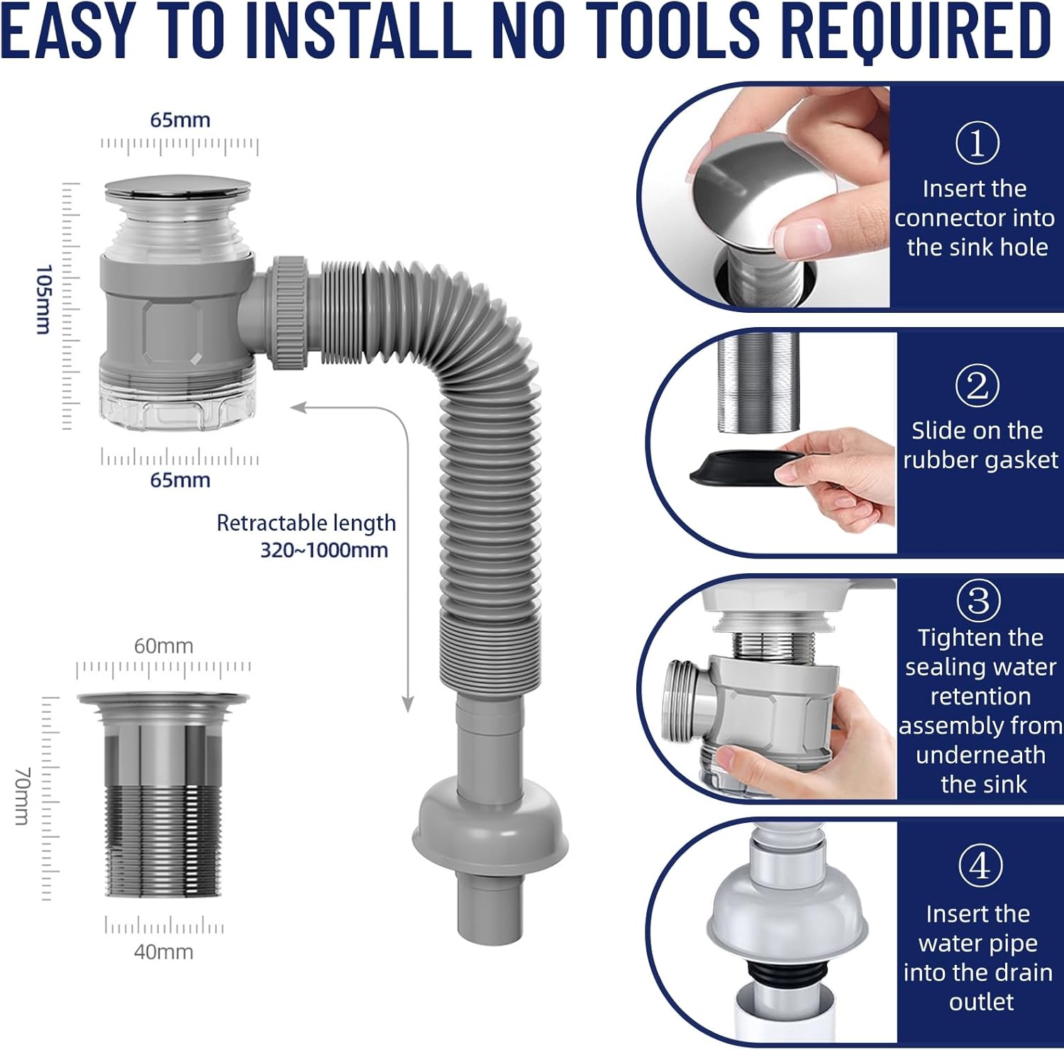 JHBKing Bathroom Sink Drain Kit with Flexible Expandable Pipe 1
