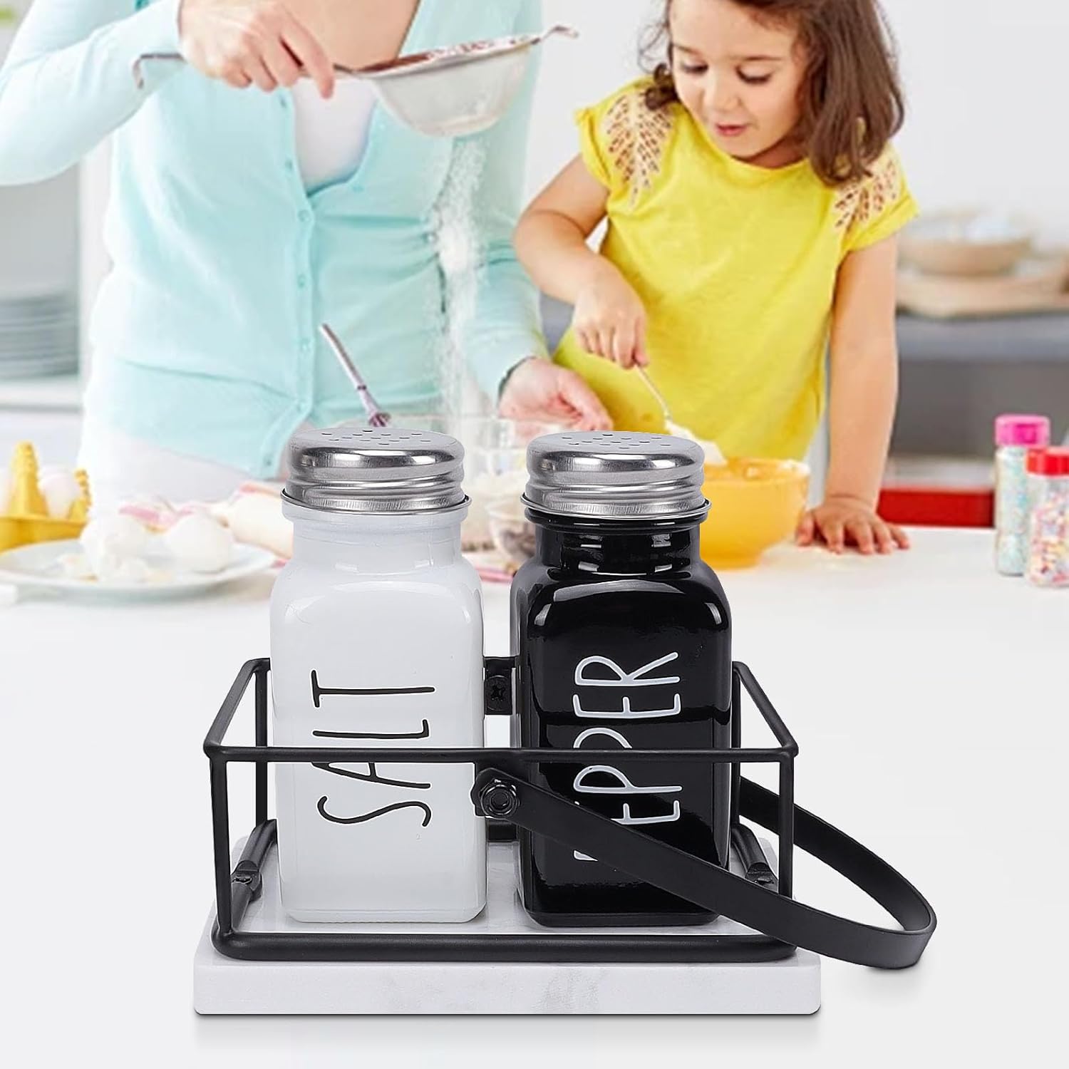 Livabber 2 Salt and Pepper Shakers with Marble Holder Set