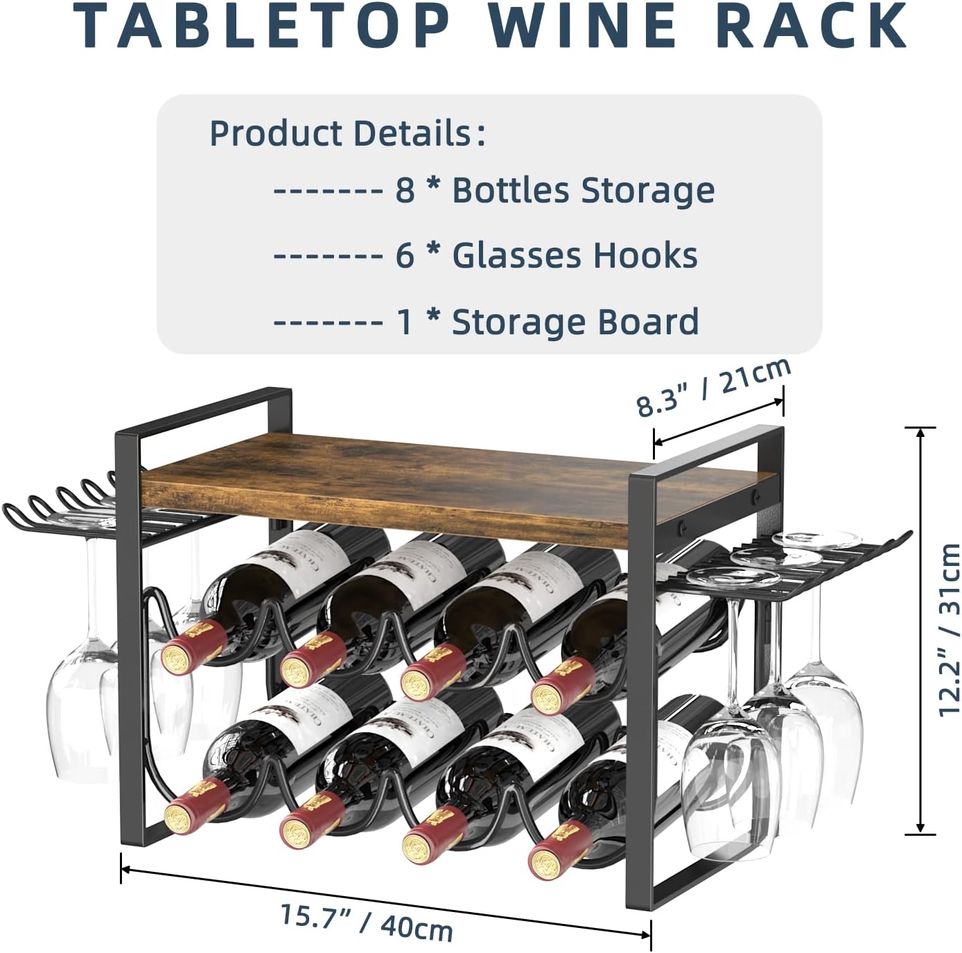 JAFUSI 8-Bottle Wine Rack with Wood Tray and Glasses Hooks