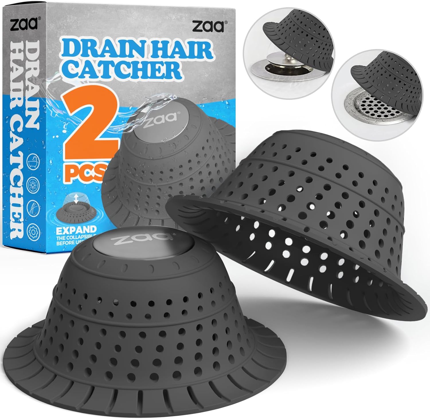 Zaa Bathtub Drain Hair Catcher 2 Pack Black