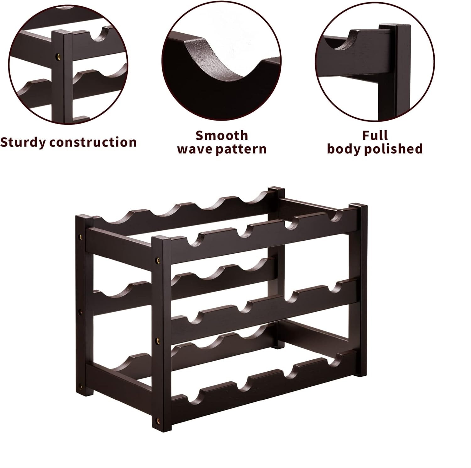 VASMIA Bamboo Wine Rack 3-Tier 12 Bottles Storage Cabinet Shelf