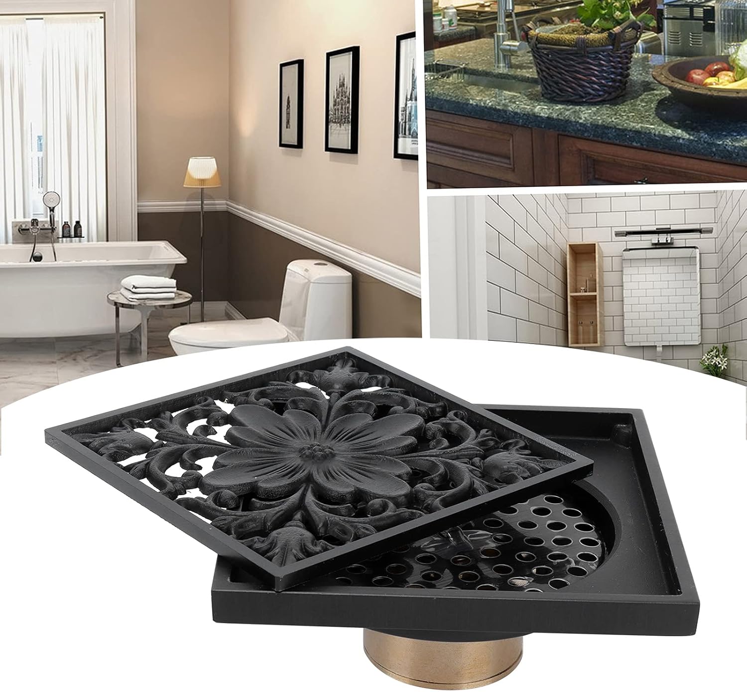 Antique Black Square Floor Drain with Strainer