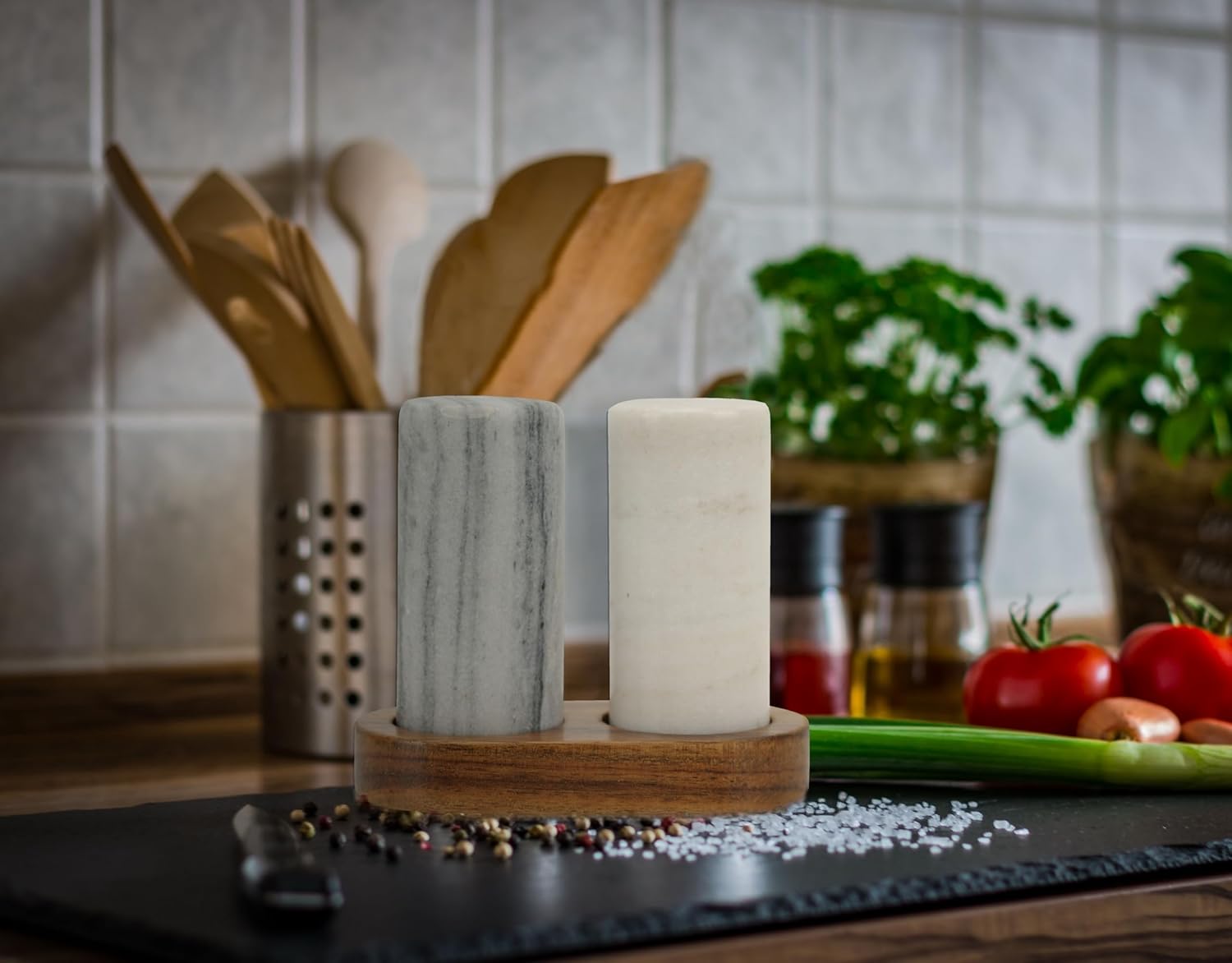 Spiretro Elegant Marble Salt Pepper Set with Acacia Holder