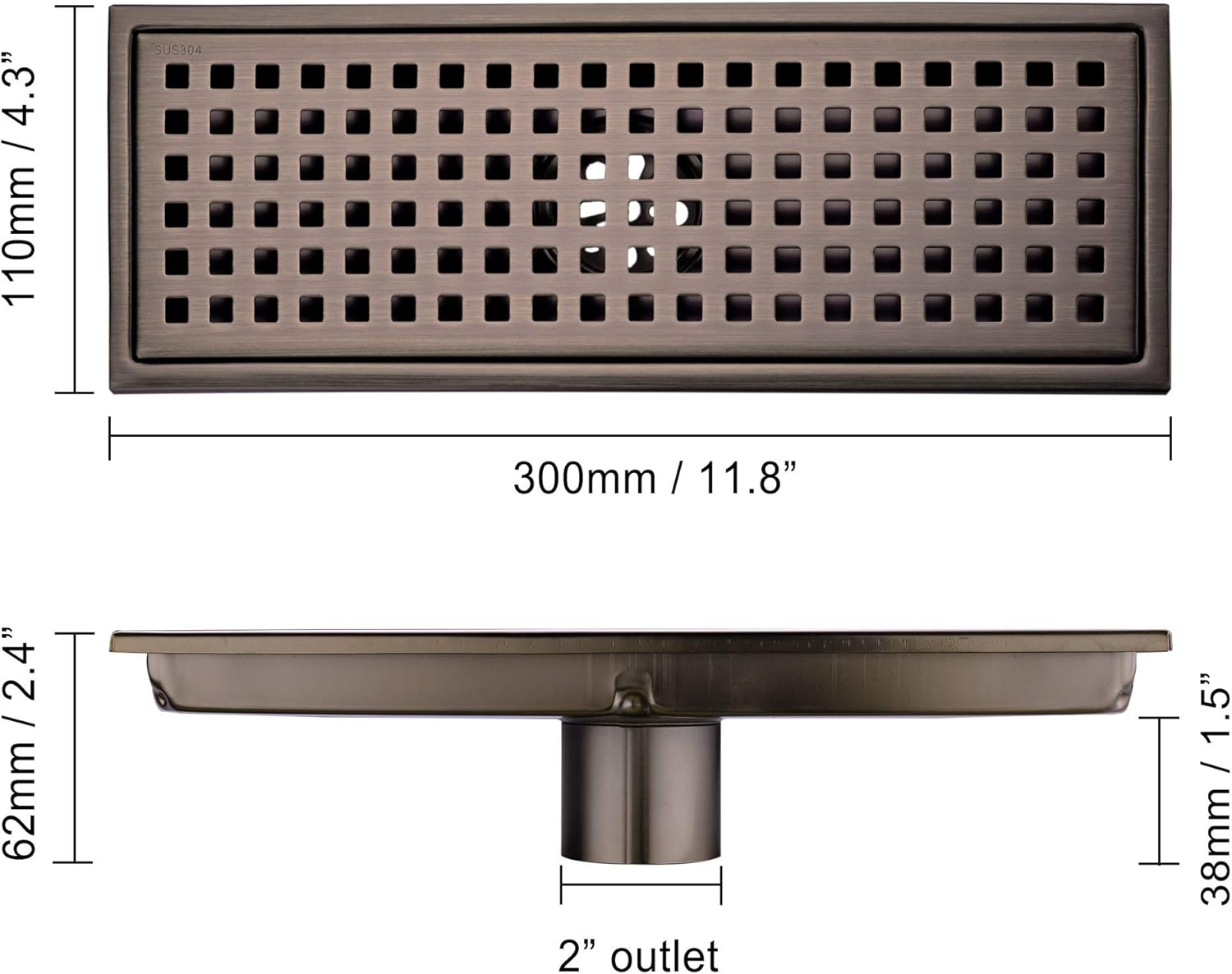 Linear Shower Floor Drain 12 Inch Brushed Bronze
