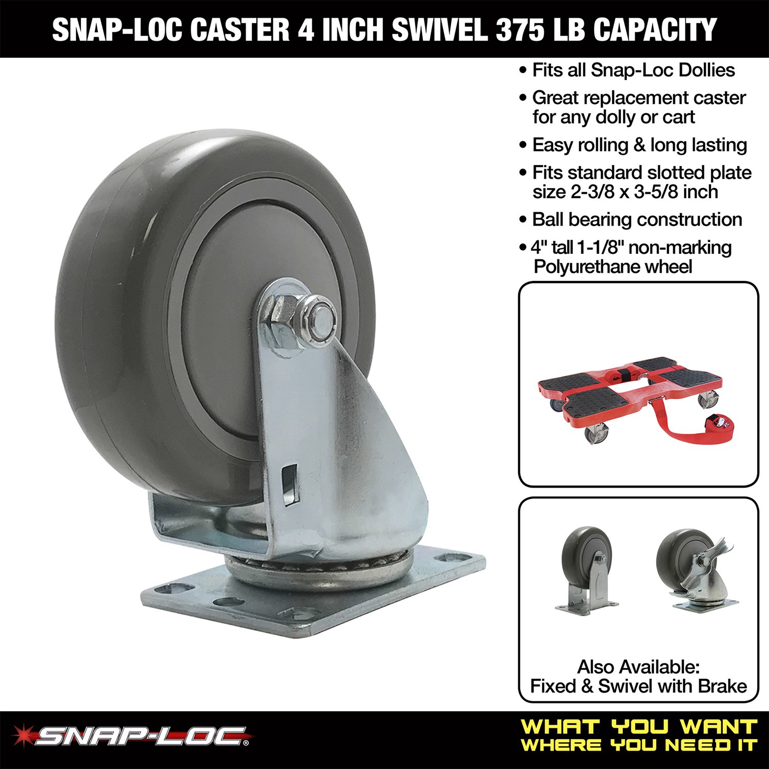 Snap-Loc 4 Inch Swivel Caster 375 LB Polyurethane