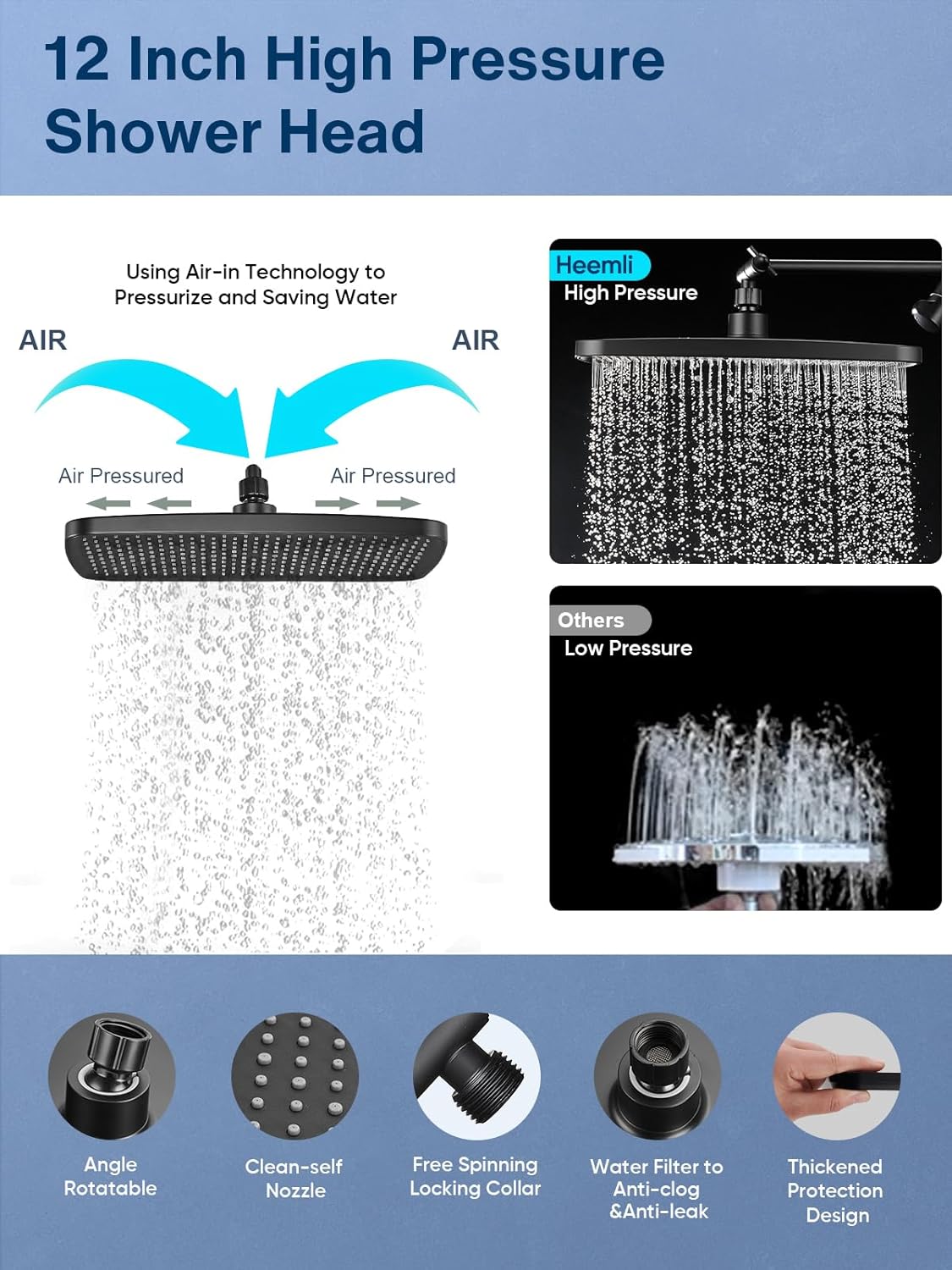 Heemli 12 Inch Adjustable Dual Shower Head Combo - 8 Modes Black