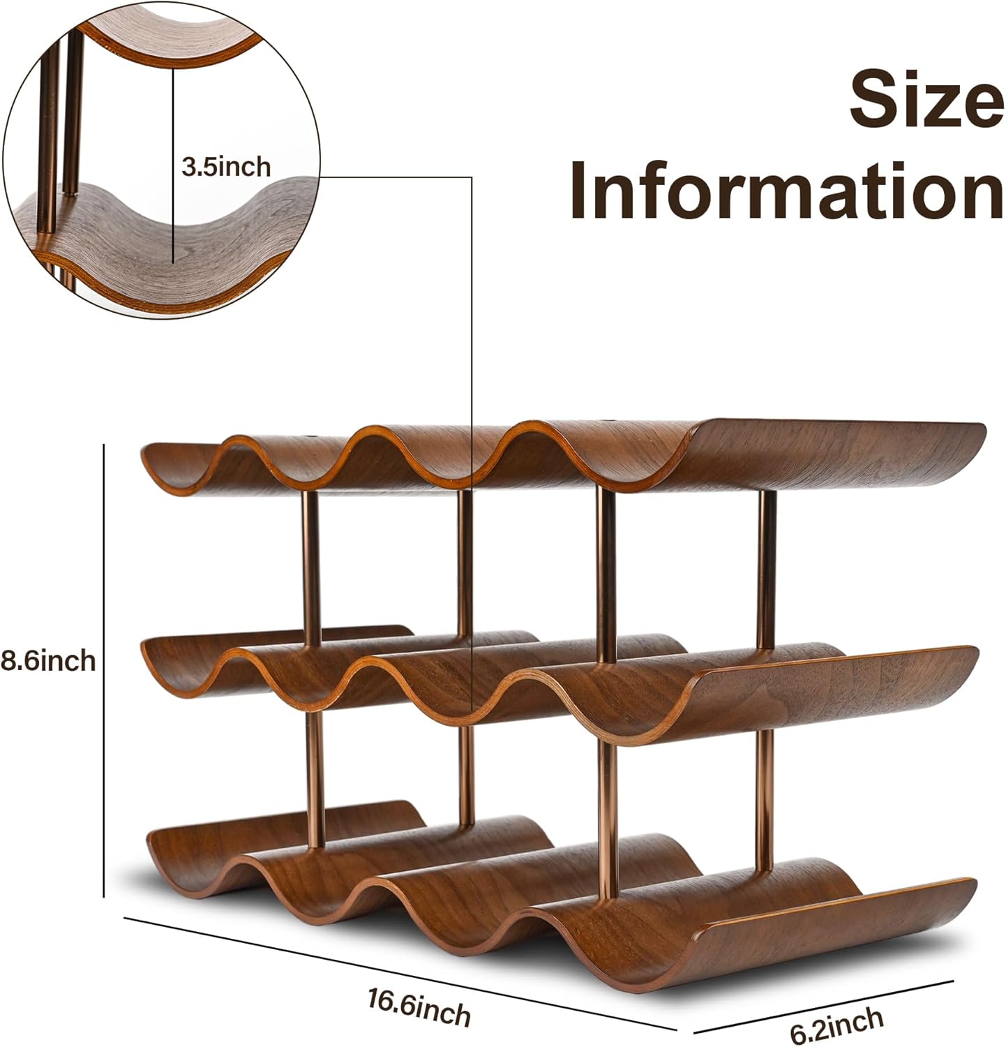 TRUDING 12-Bottle Tabletop Wine Rack - 3 Tier Walnut Wavy Storage Stand