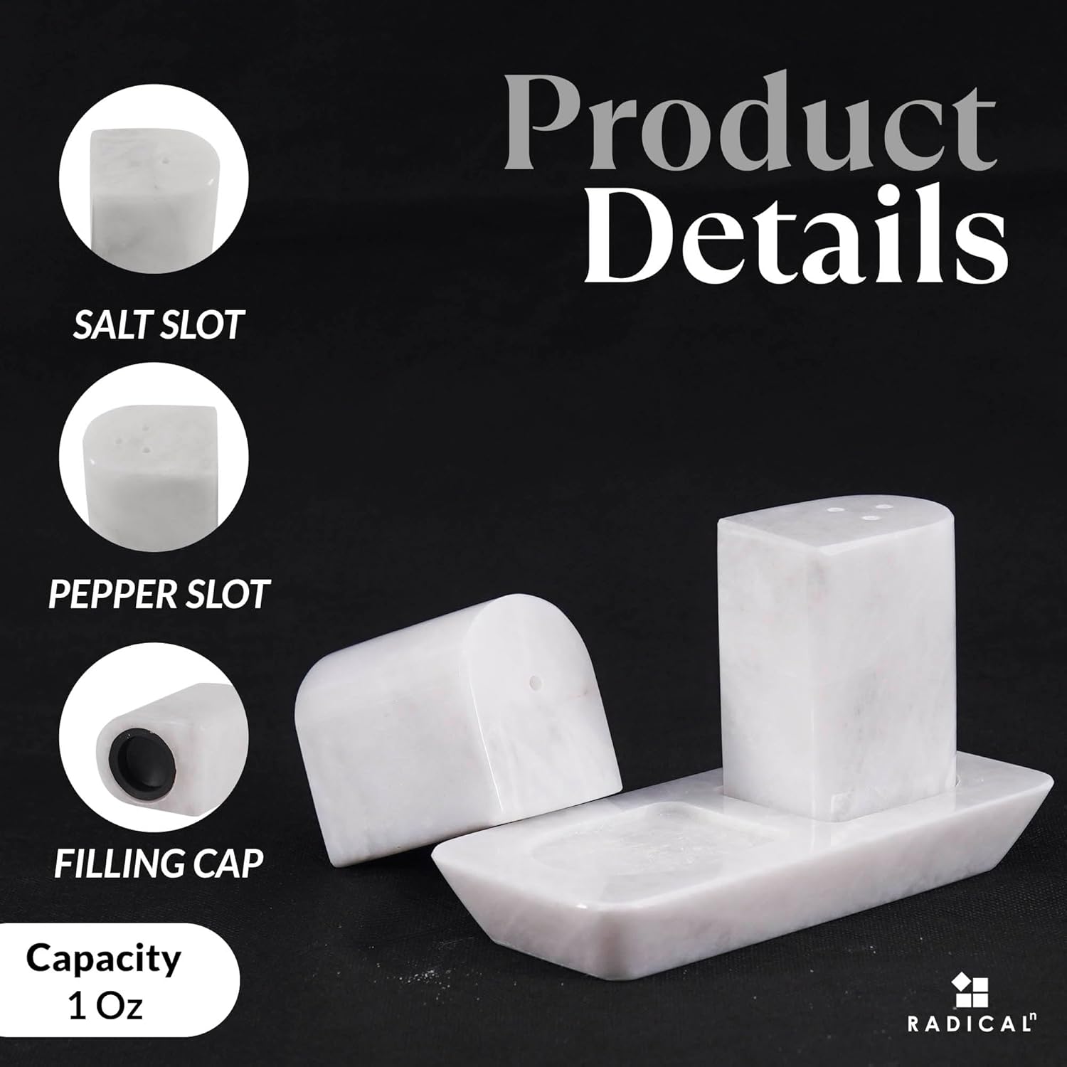 Radicaln Marble Salt Pepper Shakers Set of 2 With Tray 1