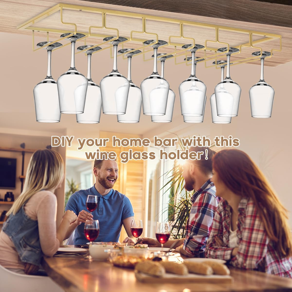 Xverycan 6 Row Wine Glass Rack Under Cabinet Gold