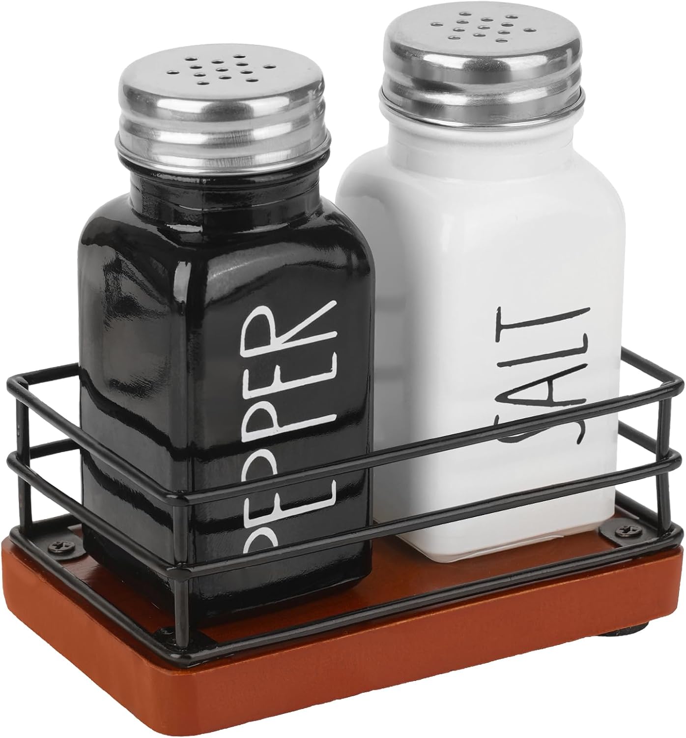 Cute Farmhouse Salt Pepper Shaker Set with Wooden Holder