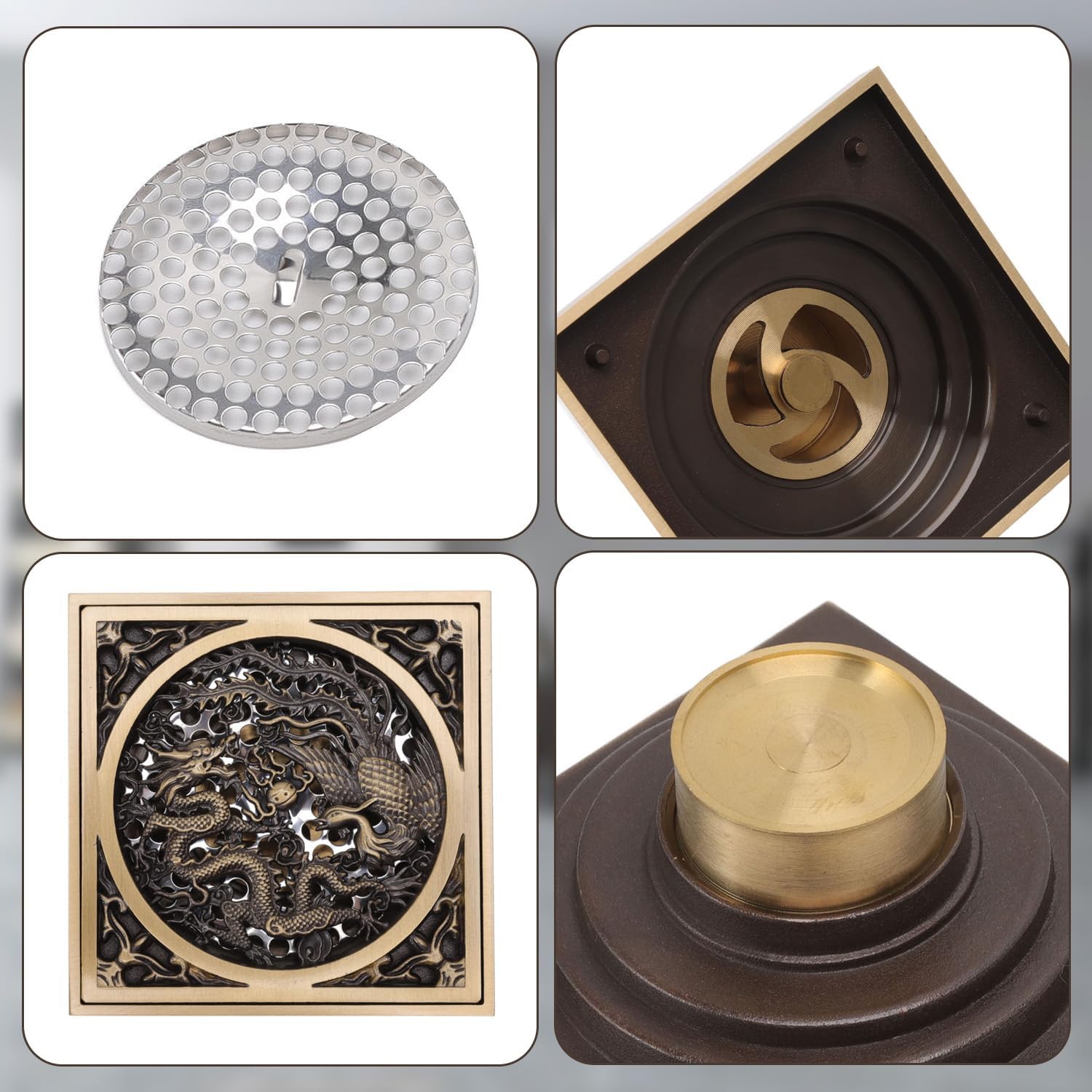 Tissting 43x43in Stainless Steel Copper Floor Drain with Dragon Phoenix Relief Design