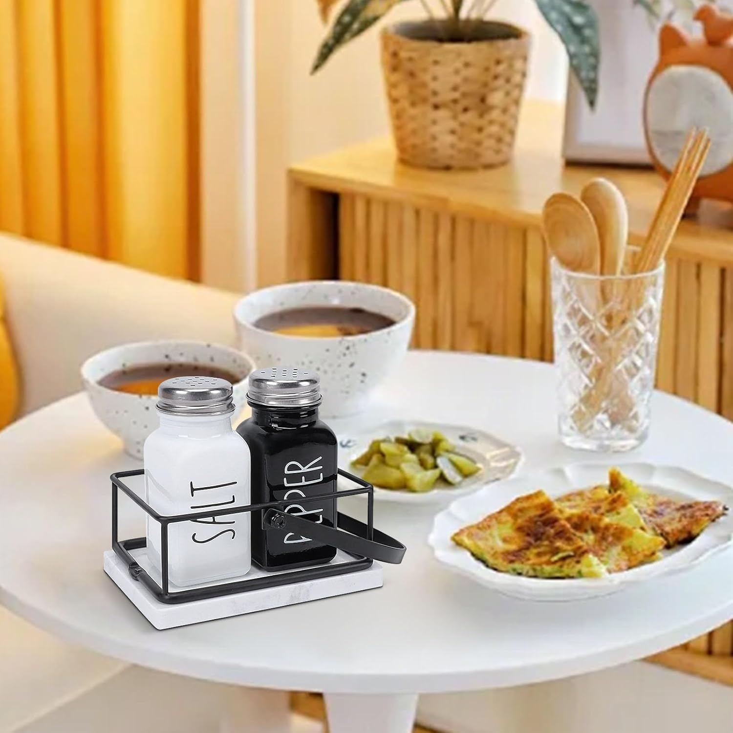 Livabber 2 Salt and Pepper Shakers with Marble Holder Set