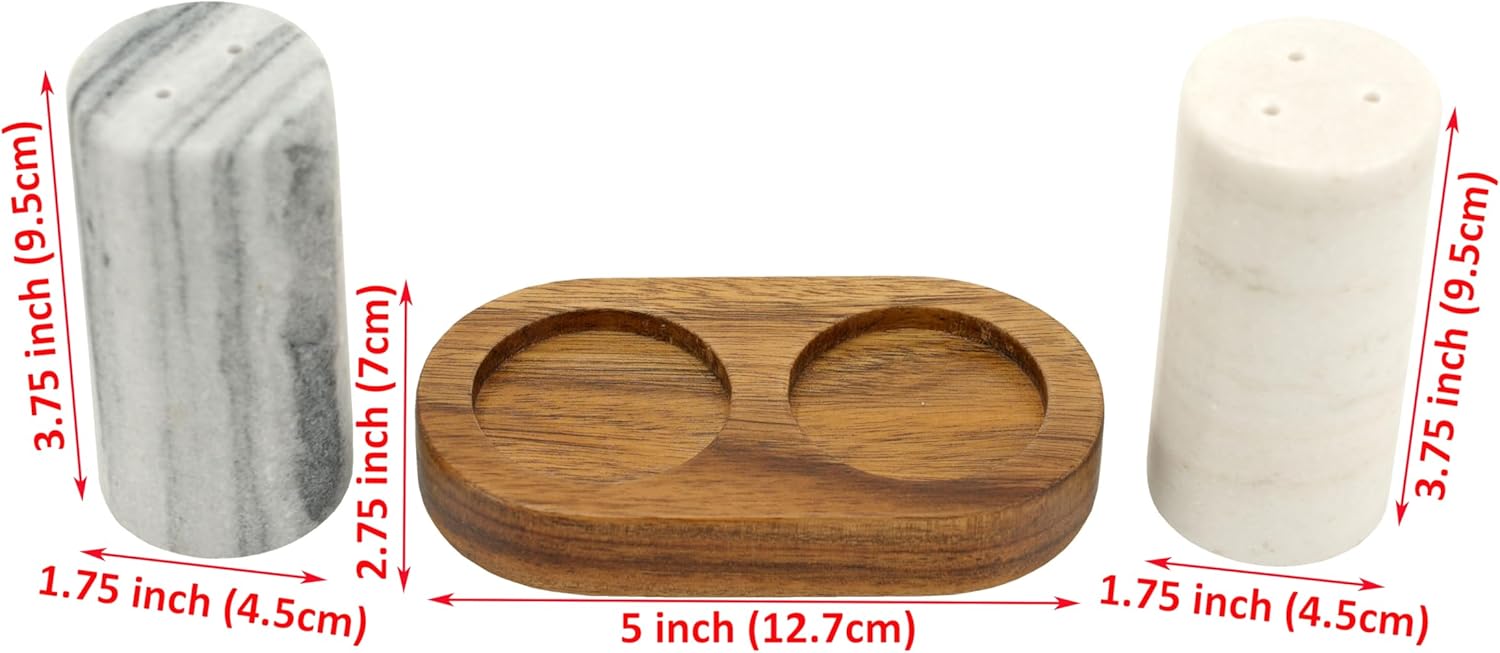 Spiretro Elegant Marble Salt Pepper Set with Acacia Holder