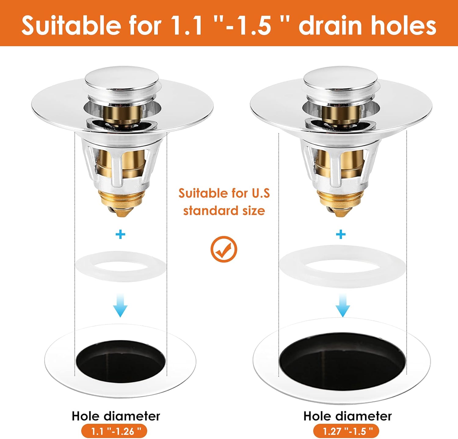 Drifop Universal Sink Stopper with Hair Catcher 11-15 Inch Drain Silver