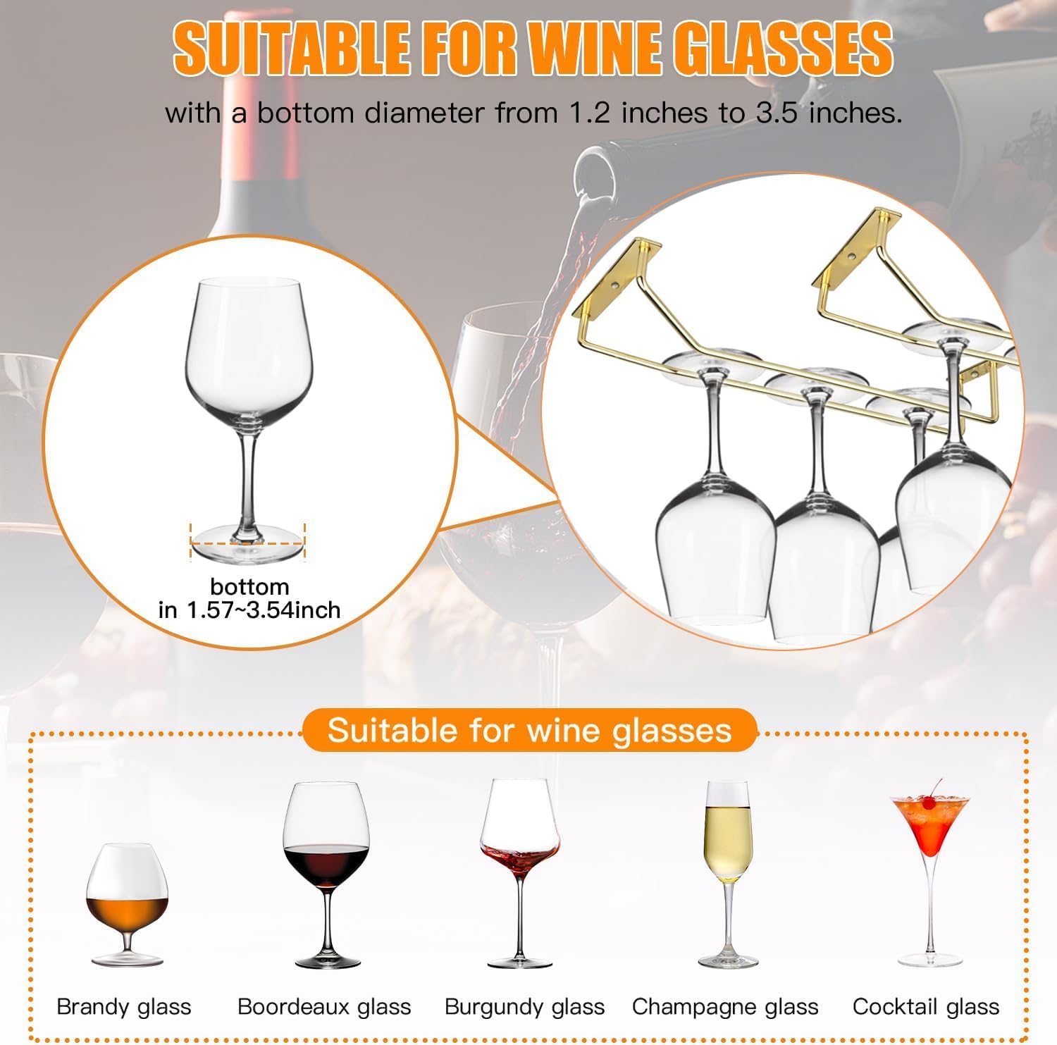 4PCS 106 Inch Wine Glass Rack - Stainless Steel Stemware Holder