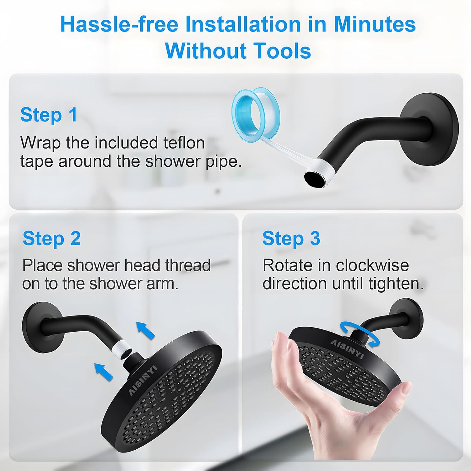 AISINYI 6 Inch Matte Black Rainfall Shower Head